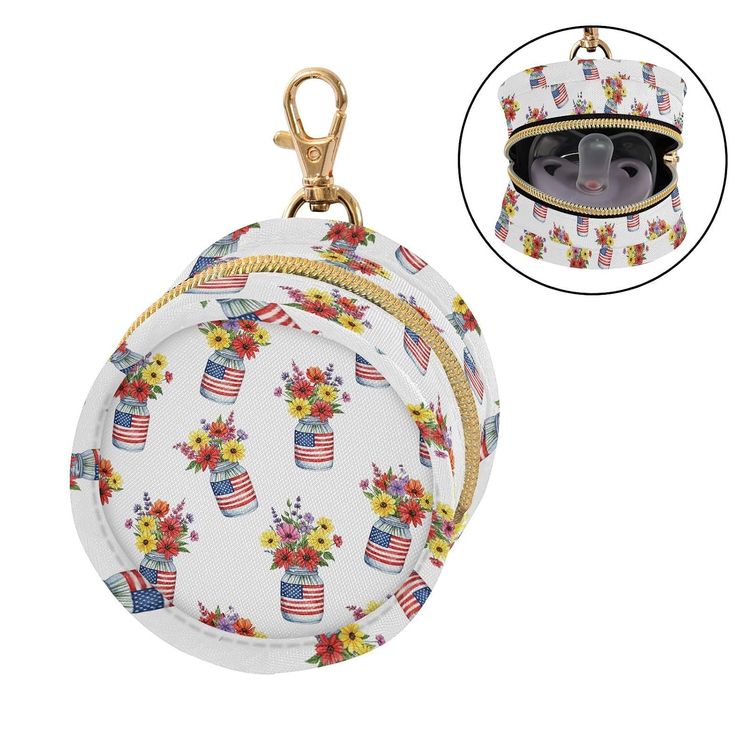 Flag Mason Jar Flowers Baby Pacifier Holder Case with Clip Portable Pacifier Storage Organizer Round Container Pouch Box Fits Diaper Bag Stroller Purse image 2