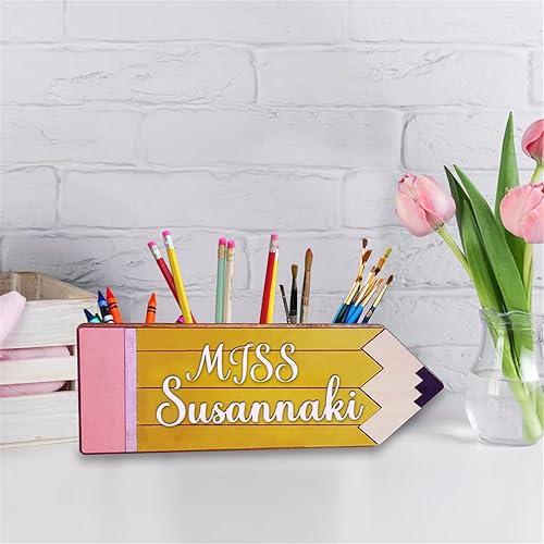 Miniatura 3 de Soporte de bolígrafo personalizado para escritorio, lindo soporte de madera para lápices para profesores, organizador de escritorio de regreso a
