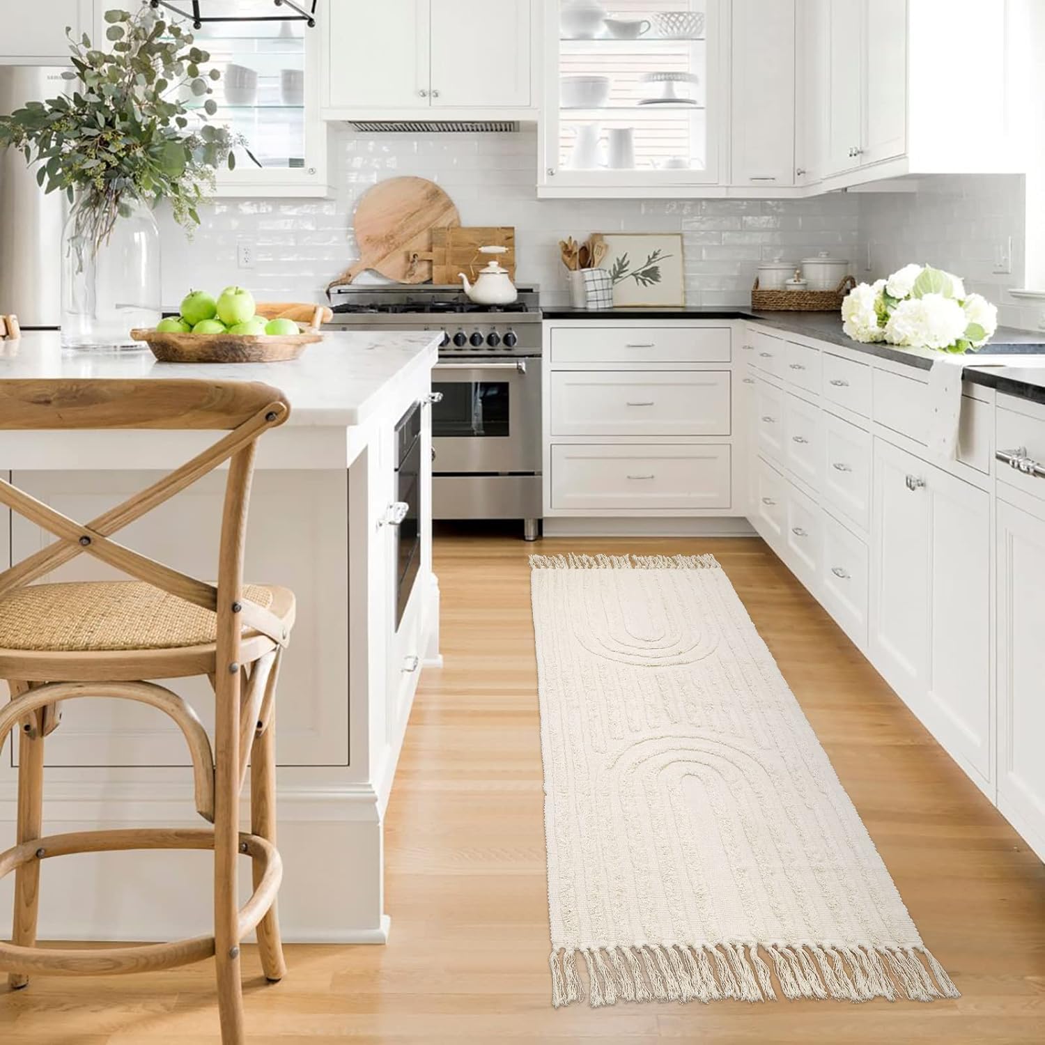 Boho-Badezimmerteppiche, böhmischer Küchenläufer, Bauernhaus-Eingangsteppich aus Baumwolle für Schlafzimmer/Waschküche, gewebter Teppich. (Beige Rainbow, 60 x 180 cm)