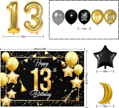 Miniatura 28 de Juego de globos dorados de feliz cumpleaños número 10 – Saludos a los 10 años de edad, guirnalda temática de fiesta con estrellas y luna, decoración