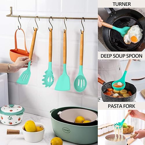 Miniatura 4 de Umite Chef Juego de utensilios de cocina de cocina, 24 piezas antiadherentes de silicona, juego de espátula con soporte, mango de madera, resistente