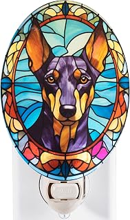 Stained Glass Styled Doberman Night Light – Real Glass Plug-in Dog Night Light, Pet Memorial or Bedroom Decorative Accent for Home Décor