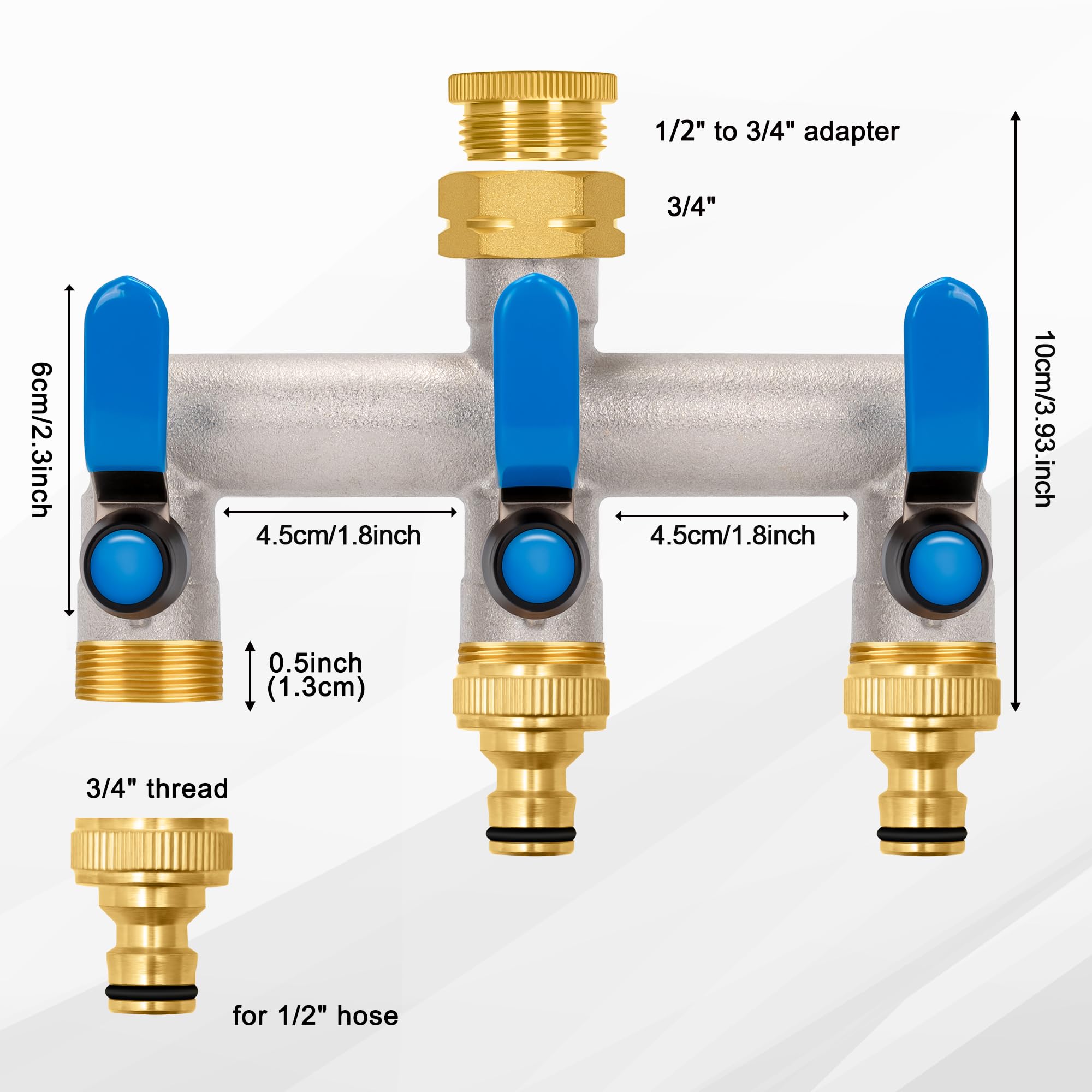 Distributore d'acqua a 3 vie, distributore d'acqua a 3 vie, distributore d'acqua da giardino con tre maniglie di prolunga blu in acciaio inox 304, adattatore da 3/4" per casa, cortile, lavatrice