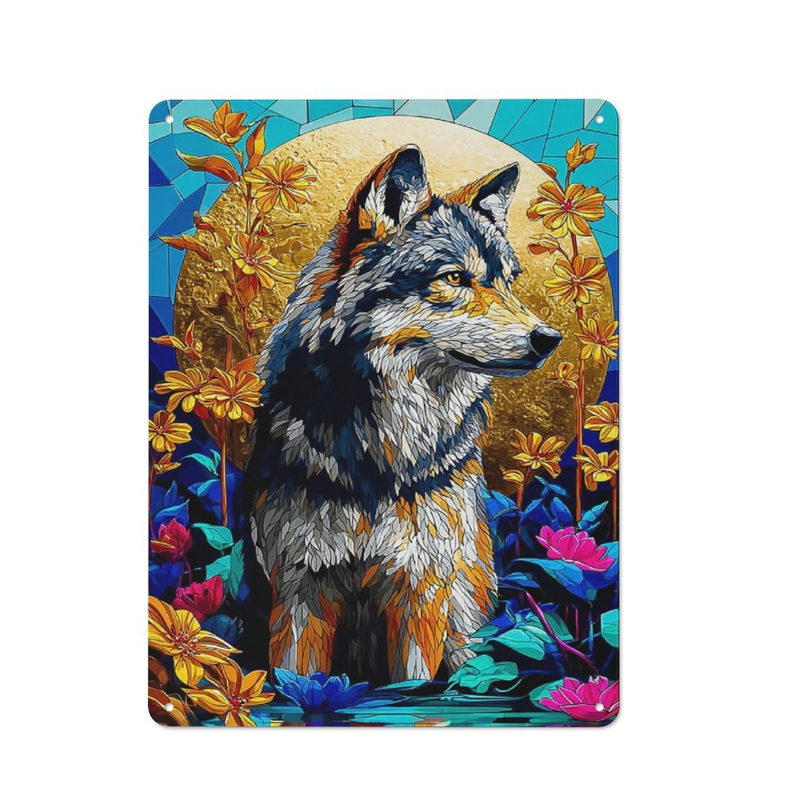Junmoney Colorful Wolf Mosaic Art Rustic Metal Sign 40X30cm For Café Or Restaurant, Suited To Café Owners And Decorators