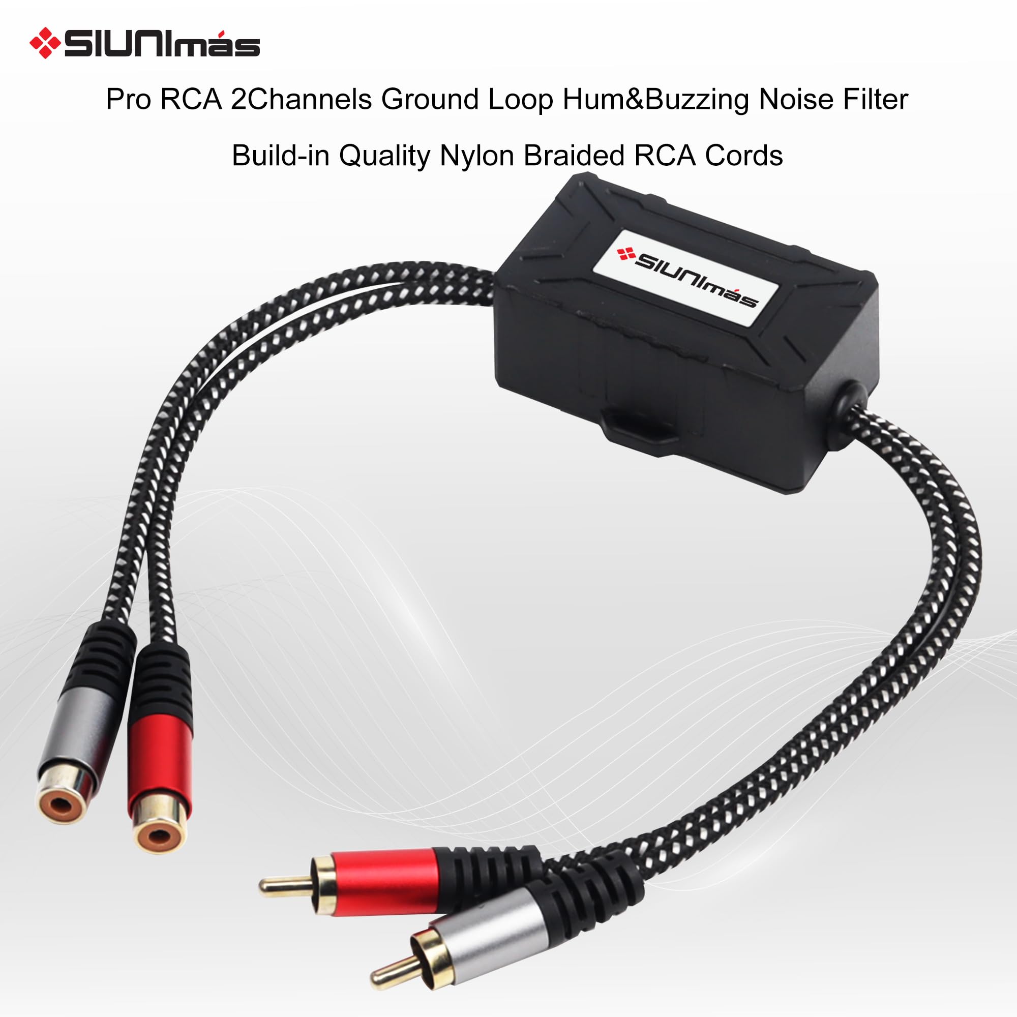 Isolatore RCA Pro a 2 canali con cavo intrecciato in nylon intrecciato per auto e home theater, con filtro antirumore con scatola in ABS resistente (SIM-2CH-RCA01A)