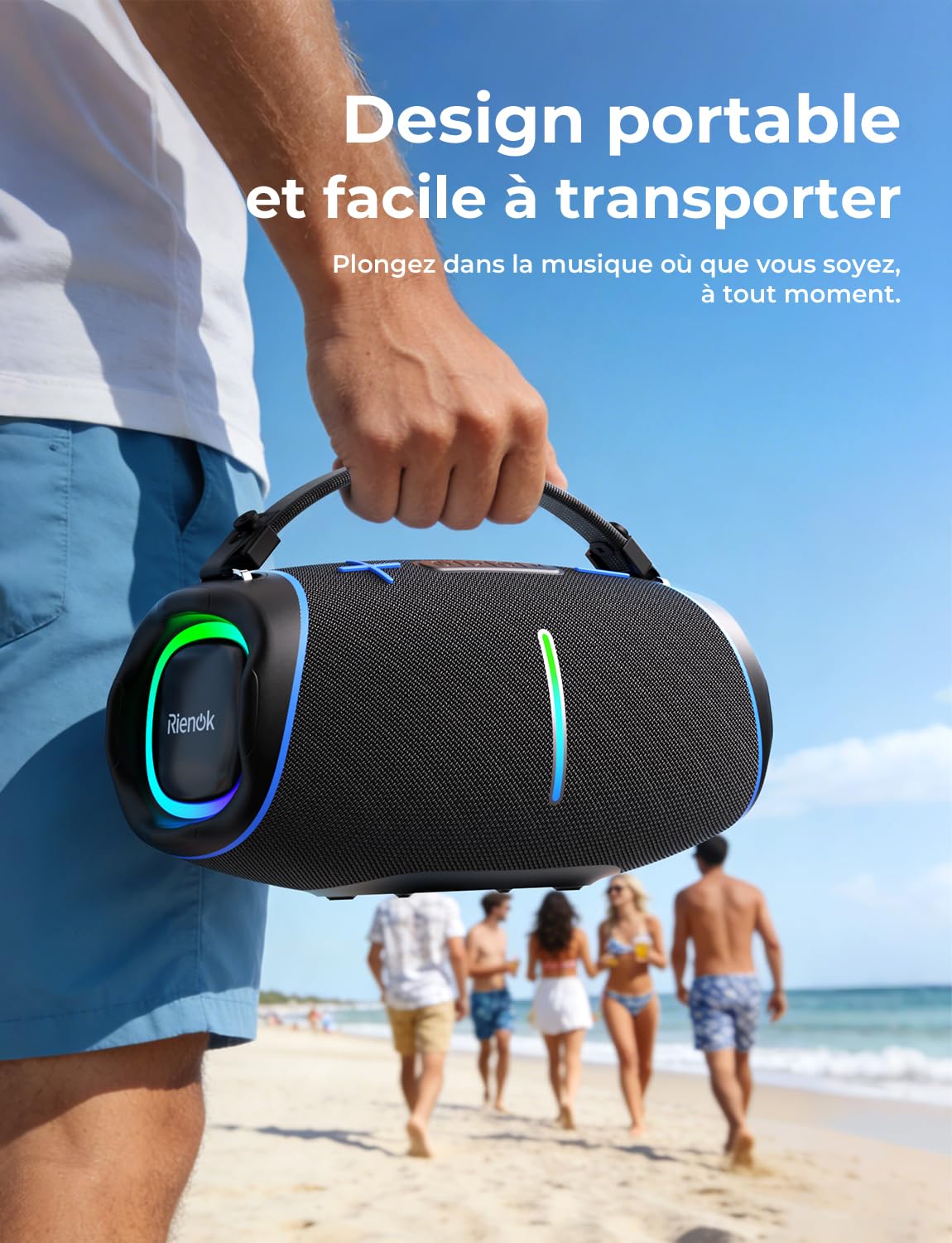 RIENOK Enceinte Bluetooth, 100 W Enceinte Puissante, 2 Tweeters et 2 Woofers, 5200 mAh Haut Parleur Bluetooth 5.3, 30H, IPX6, 128Go, Port Clé USB, AUX et TF Carte, pour Fêtes Soirées Voyage Extérieur