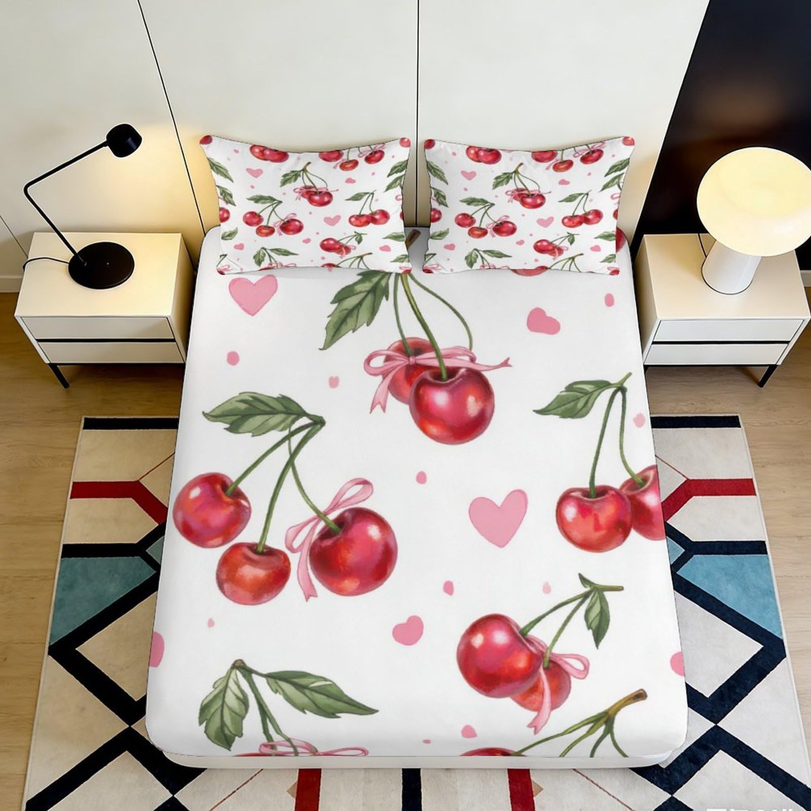 Jqzkxnhpbr Style-2 3D Printed Cherry Blossom Fitted Sheet Microfiber Soft Red Fruit Bed Cover For Bedroom Guest Room Decor Protection 90X200x25cm