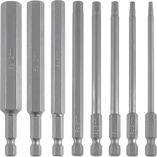Juego de 8 puntas de destornillador de cabeza hexagonal, vástago hexagonal de 14 de pulgada, 4 pulgadas3.937 in de longitud, acero S2 con magnético
