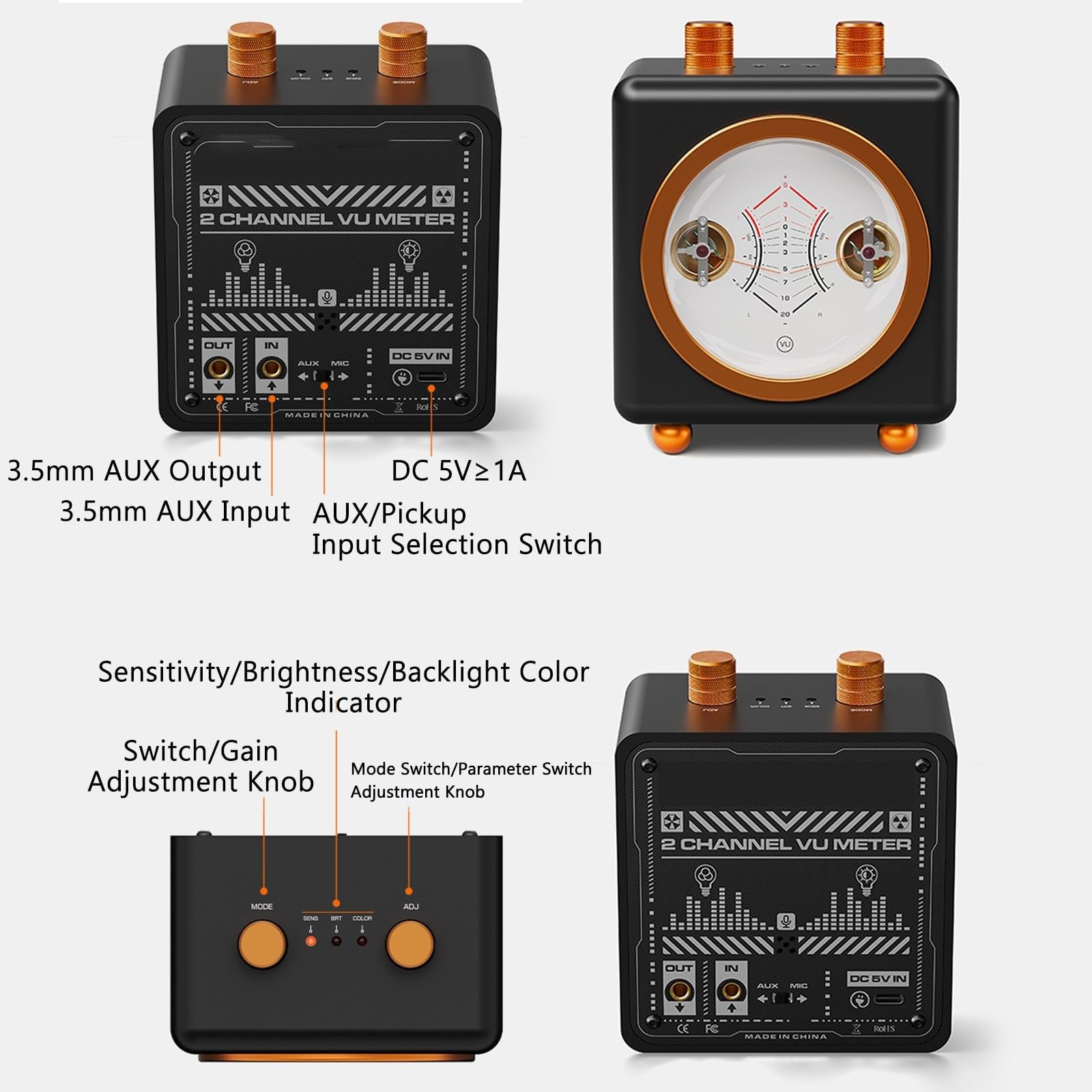 VU Meter Audio, Retro-Musik-Rhythmus-Licht mit Helligkeit und Hintergrundbeleuchtung, Farbe einstellbar, Sound-reaktive LED-Lampe, Desktop-Umgebungslichter für Spielzimmer-Dekoration