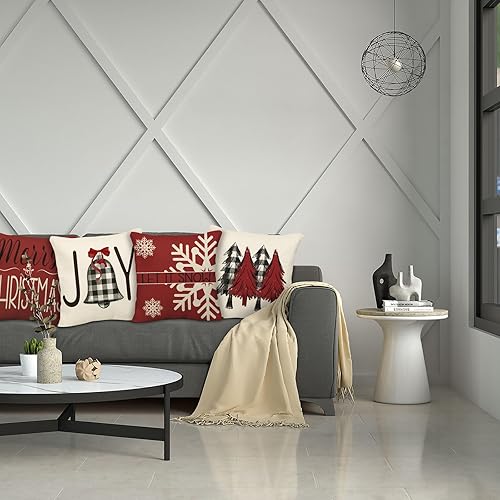 Miniatura 7 de Geefuun Juego de 4 fundas de almohada rojas de Navidad, decoración del hogar, 18 x 18 pulgadas, para Navidad, vacaciones, invierno, dormitorio, para