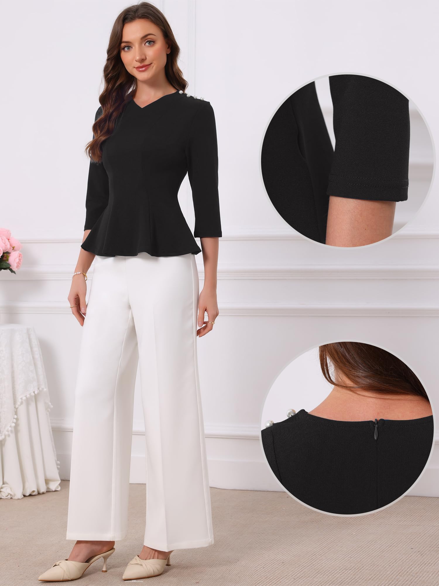 Allegra K Camicetta da lavoro da donna elegante con scollo a V e maniche a