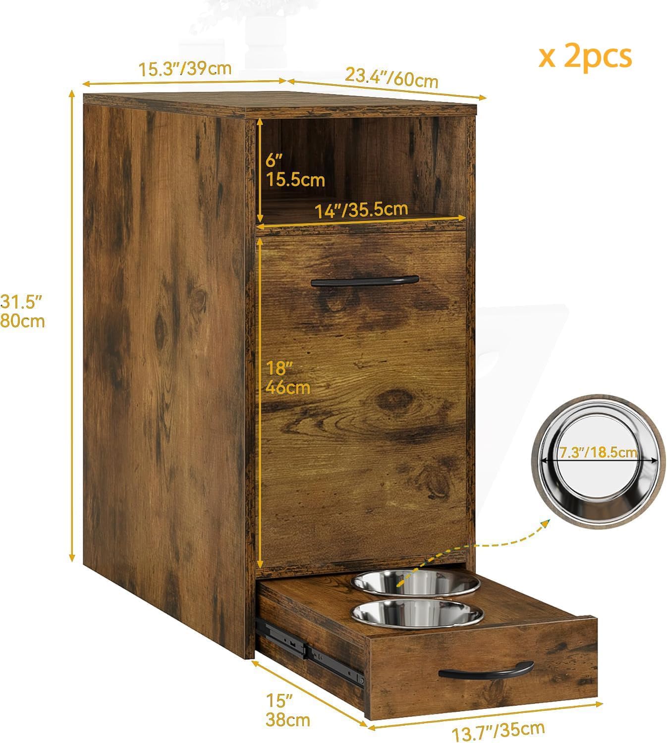 DWVO 30.6" Dog Feeding Station with Storage, Tilt-Out Dog Food Cabinet with 4 Feeder Bowls, Pull Out Elevated Dogs Bowl, Rustic Brown