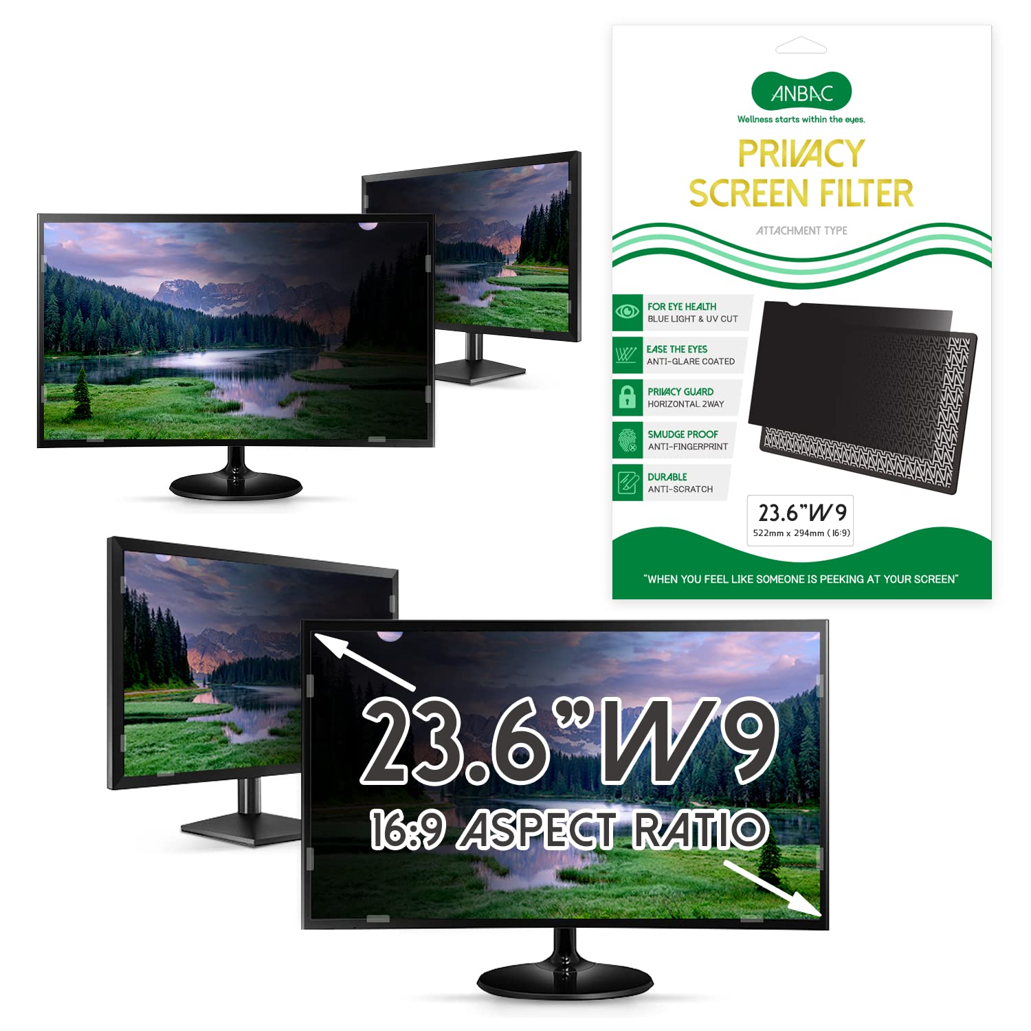 ANBAC 23.6 Inch Desktop Privacy Screen Shield for 16:9 Wide Monitor - Anti Glare Computer Privacy Screen Cover | Blue Light Blocking Screen Protector | Scratch Resistant UV Filter | Attachment Type