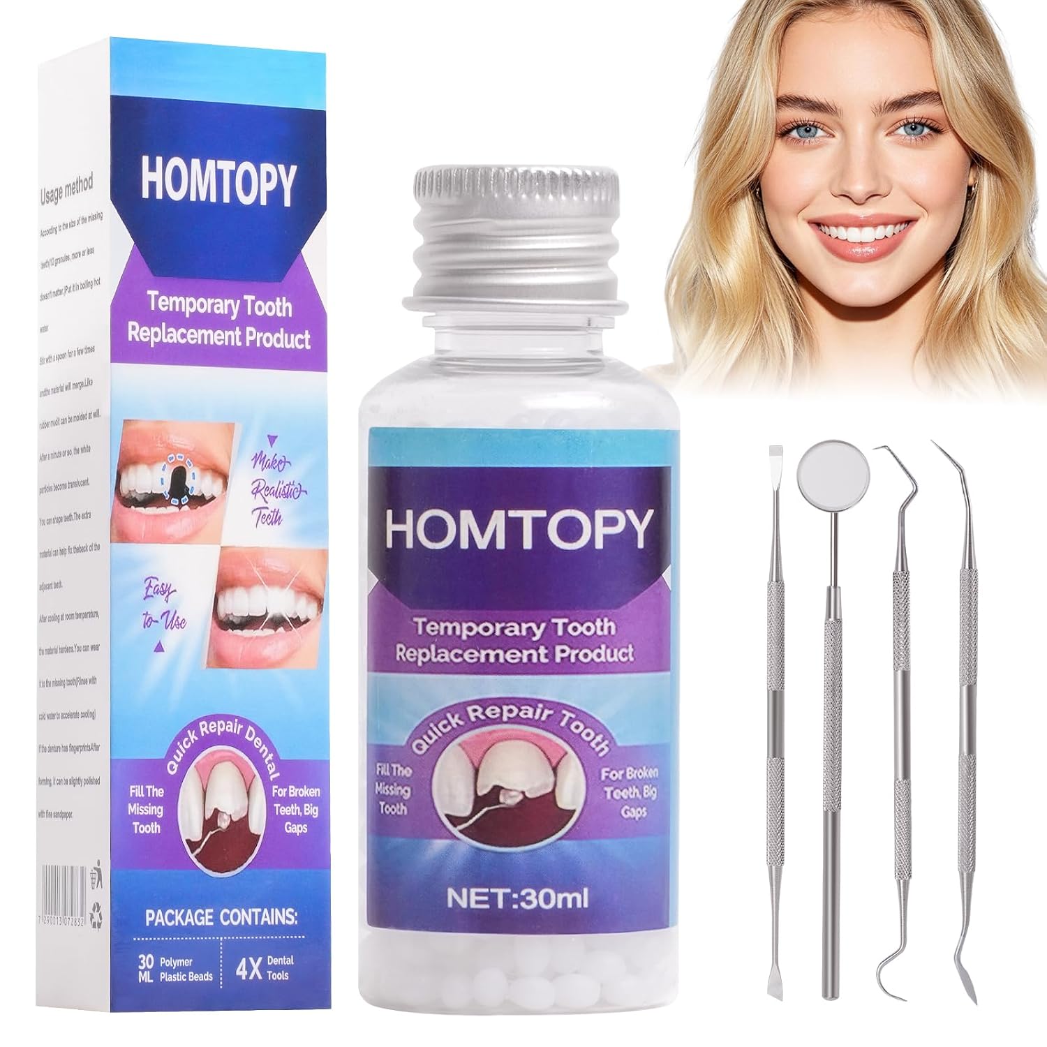 Temporary Cosmetic Tooth Kit – Moldable Tooth Beads for Missing Teeth & Denture Coverage, Natural-Looking Oral Beauty Solution, Safe Rubber Material, 30ml with 4 Accessories