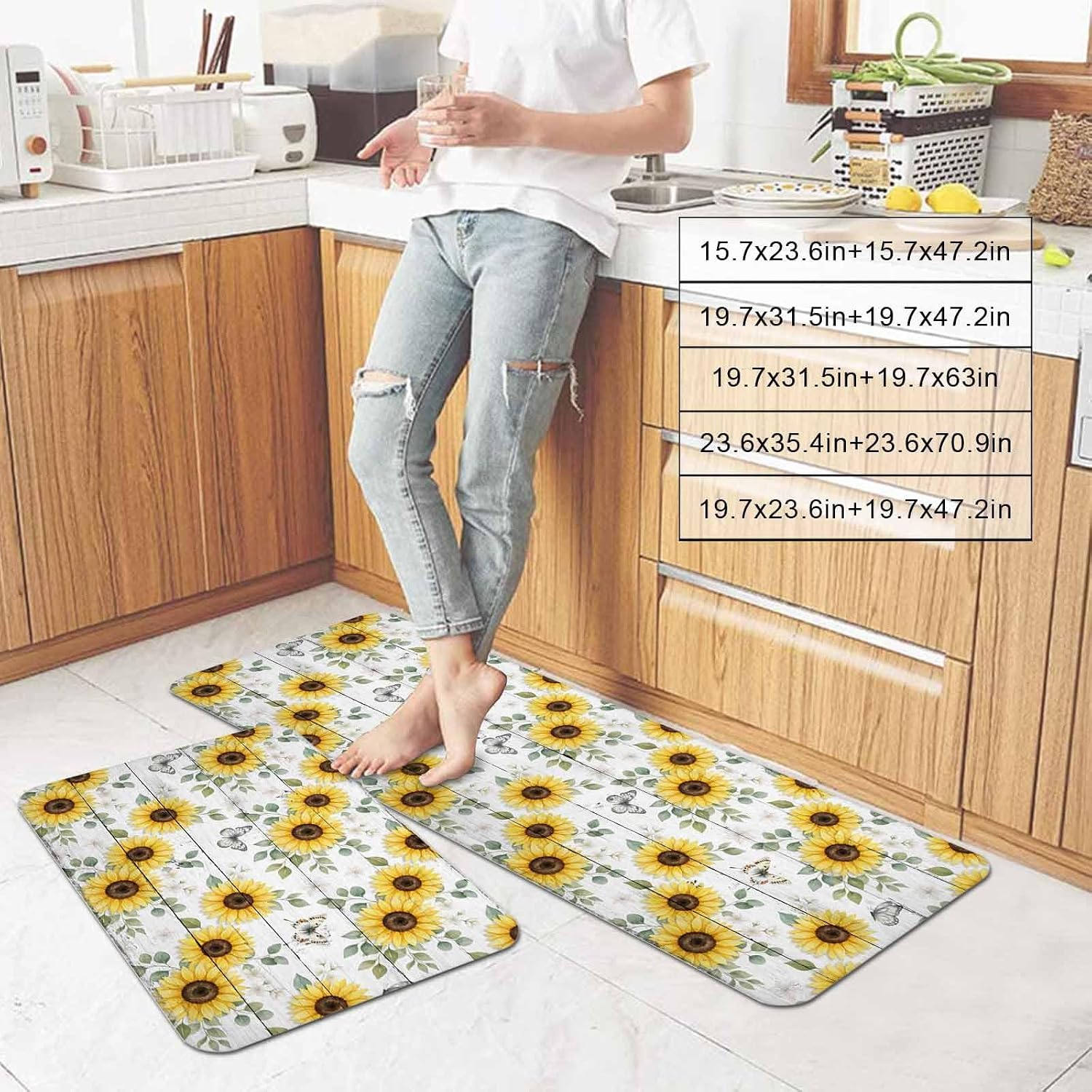 Yellow Sunflower Kitchen Mat Set 2 Pieces Watercolor Butterflies Plant Farmhouse Wood Grain Non Slip Kitchen Rugs Washable Runner Rug Mats for Floor Sink Laundry Office 15.7" x 23.6"+15.7" x 47.2"