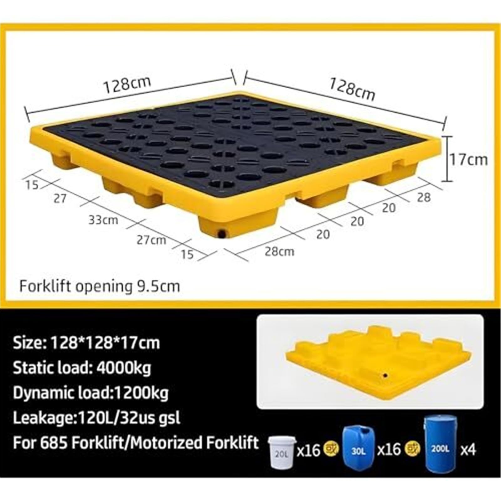 Palette de confinement empilable anti-fuite en plastique antidérapant pour entrepôt et atelier, design modulaire pour une manipulation facile
