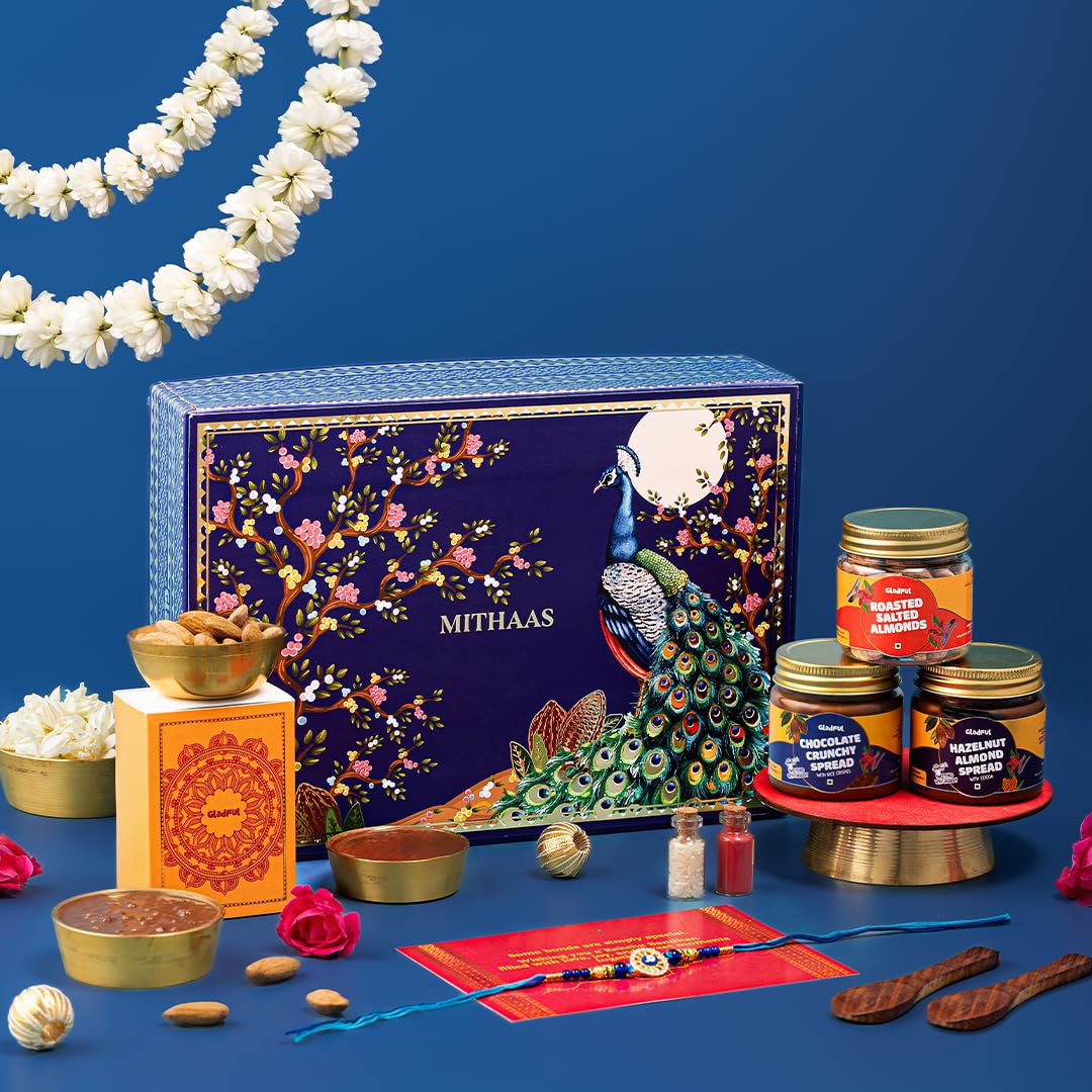 Gladful Premium 7 Items Rakhi Gift Box for Brother | Raksha Bandhan Hamper with Almonds, Chocolate Spreads, Rakhi, Roli Chawal & Greeting Card-image-30