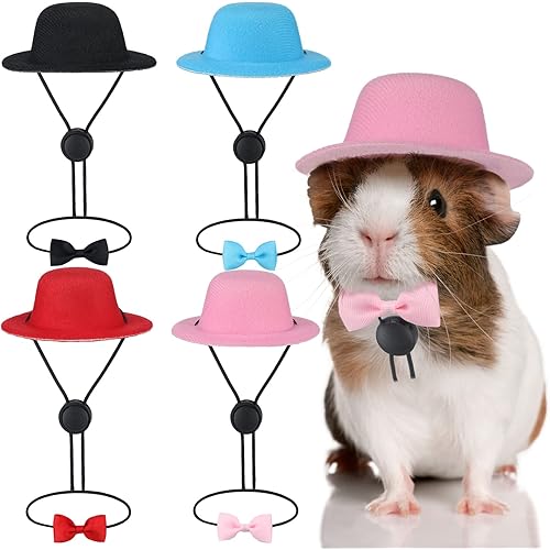 4 Sets 8 Pieces Guinea Pig Clothes Small Animal Bow Ties Pet Hats Outfit Suit Cosplay Cool Kawaii Pet Black Hat for Hamster Ferret Cat Rats Puppy Kitten Hedgehog Bearded Dragon