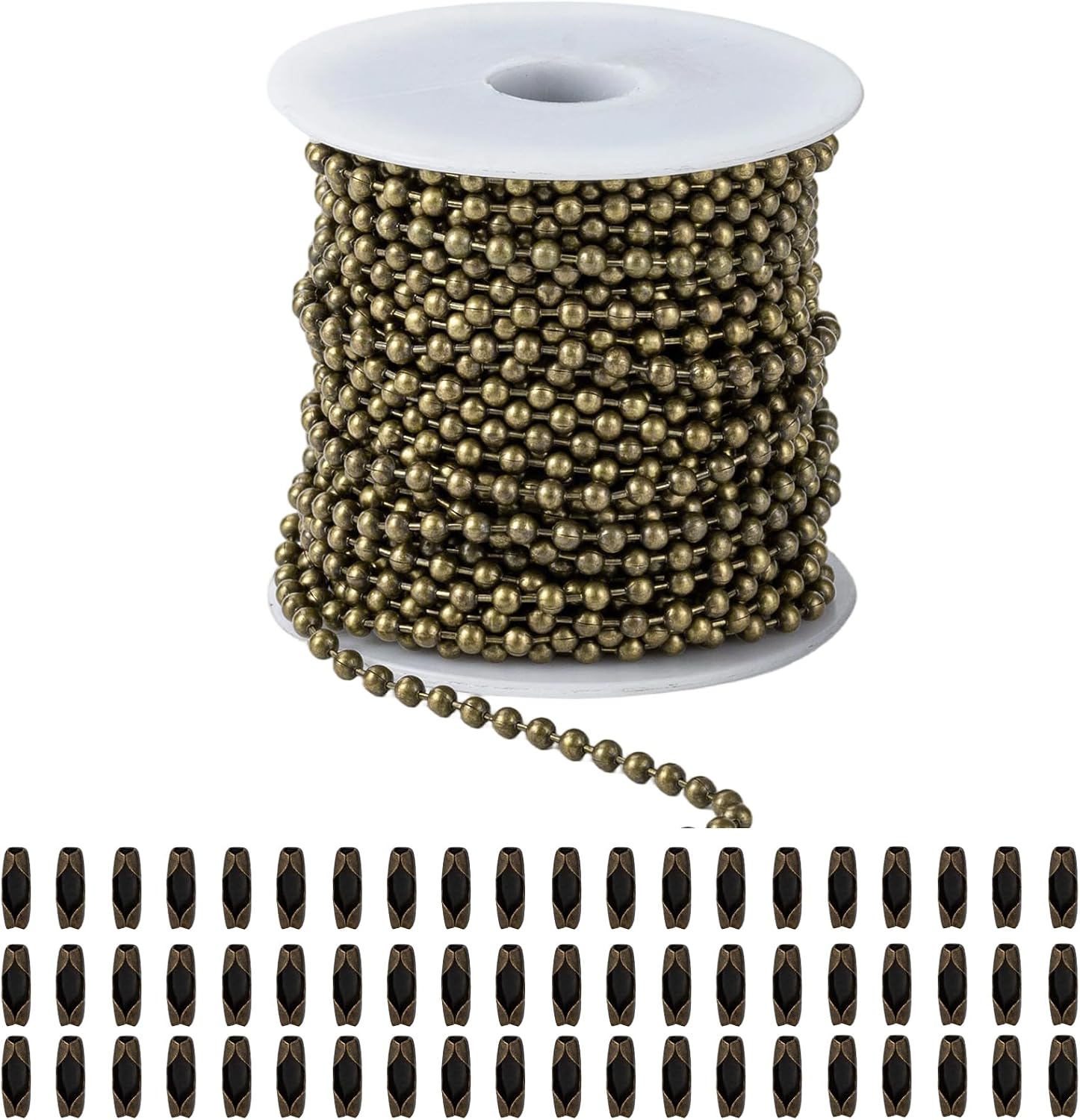 50 Feet Metal Ball Bead Chain with 100 Pieces Matching Connectors 3mm for Jewelry Making Necklace Keychain Dog Tags (Black)