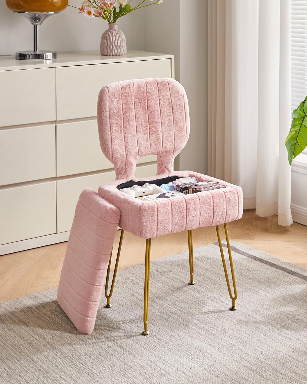 IBUYKE sedia da vanità rettangolare con stoccaggio, piccola sedia da trucco pieghevole, 42 * 31 * 72 cm, sgabello ottomano in velluto carino per il soggiorno, con piedi antiscivolo, rosa WBD030P