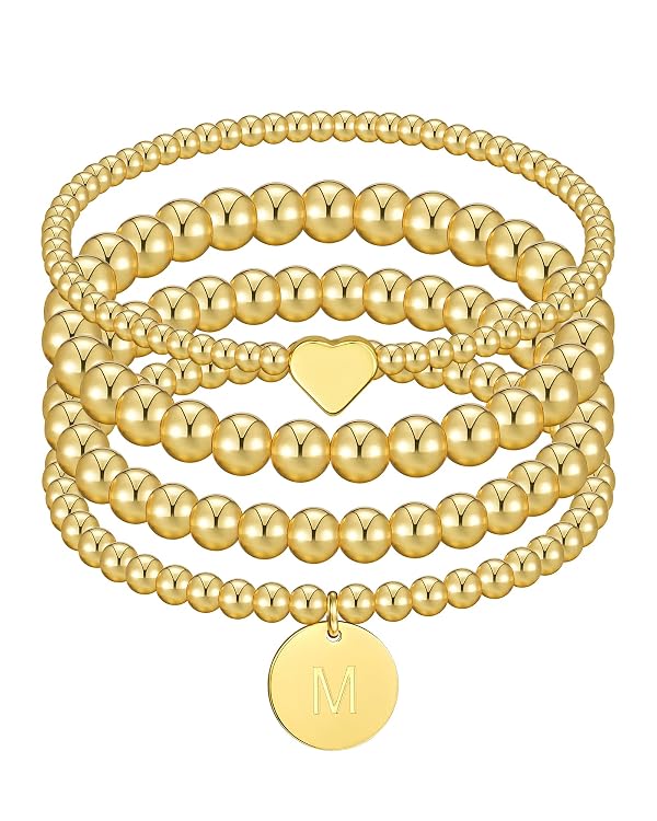 Howoo Gold Bracelets Mothers Day Gifts for Women Beaded Initial Bracelet Stack Dainty Heart Stretch Gold Charm Bracelet Jewelry for Women Trendy by Howoo - Used condition - US$8.22