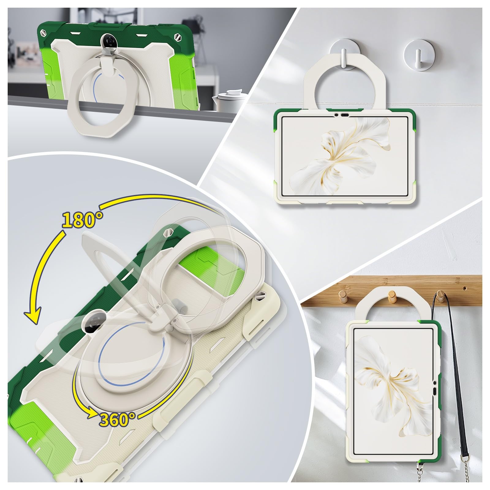Custodia protettiva resistente per Honor Pad 9 2023 da 12,1 pollici, supporto girevole a 360°, tracolla, portapenne e anello per manico, copertura antiurto, per bambini e adulti (verde
