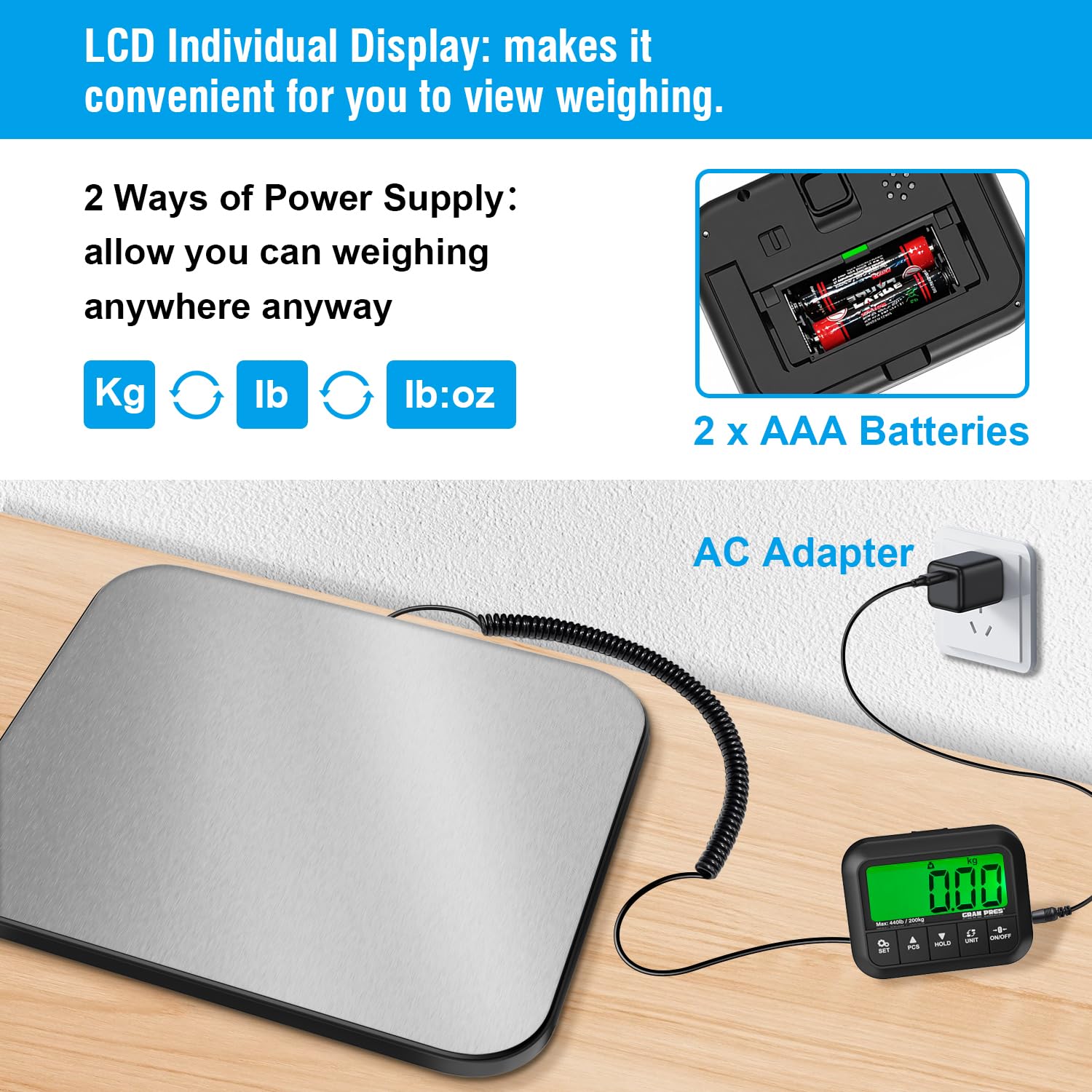 GRAM PRES Báscula de correo digital con pantalla LCD para paquetes, equipaje, oficina de correos y perros, 440 lbs/10 g, incluye batería y cable USB