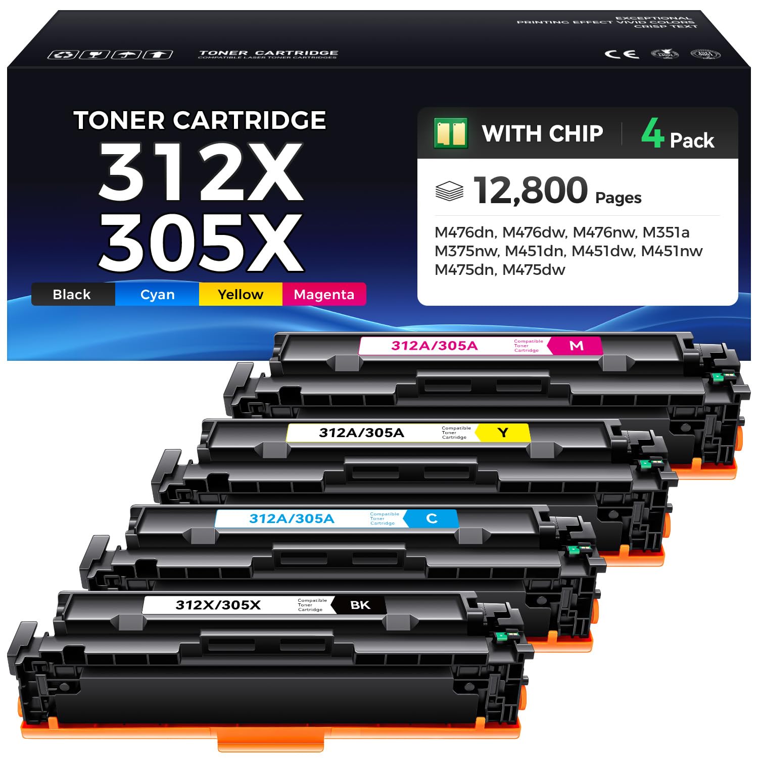 312X 305X Toner Cartridge Set 4-Pack Printer Replacement for HP 312A 305A CF380A CE410A for Laserjet Pro 400 Color MFP M475dn M475dw M451dn M451dw M451nw Pro 300 M375nw M351a M476dw M476nw M476dn Ink