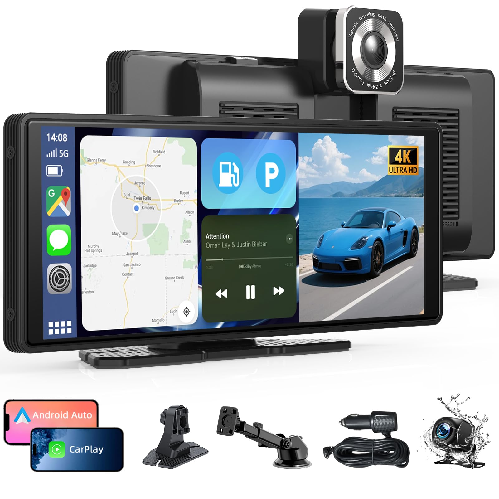 2026 Neuestes 10,26" CarPlay Display für Apple CarPlay & Android Auto, Tragbares CarPlay Display mit 4K-Dashcam & 1080P Rückfahrkamera, unterstützt Sprachsteuerung IPS Touchscreen Dual WiFi 64GB GPS