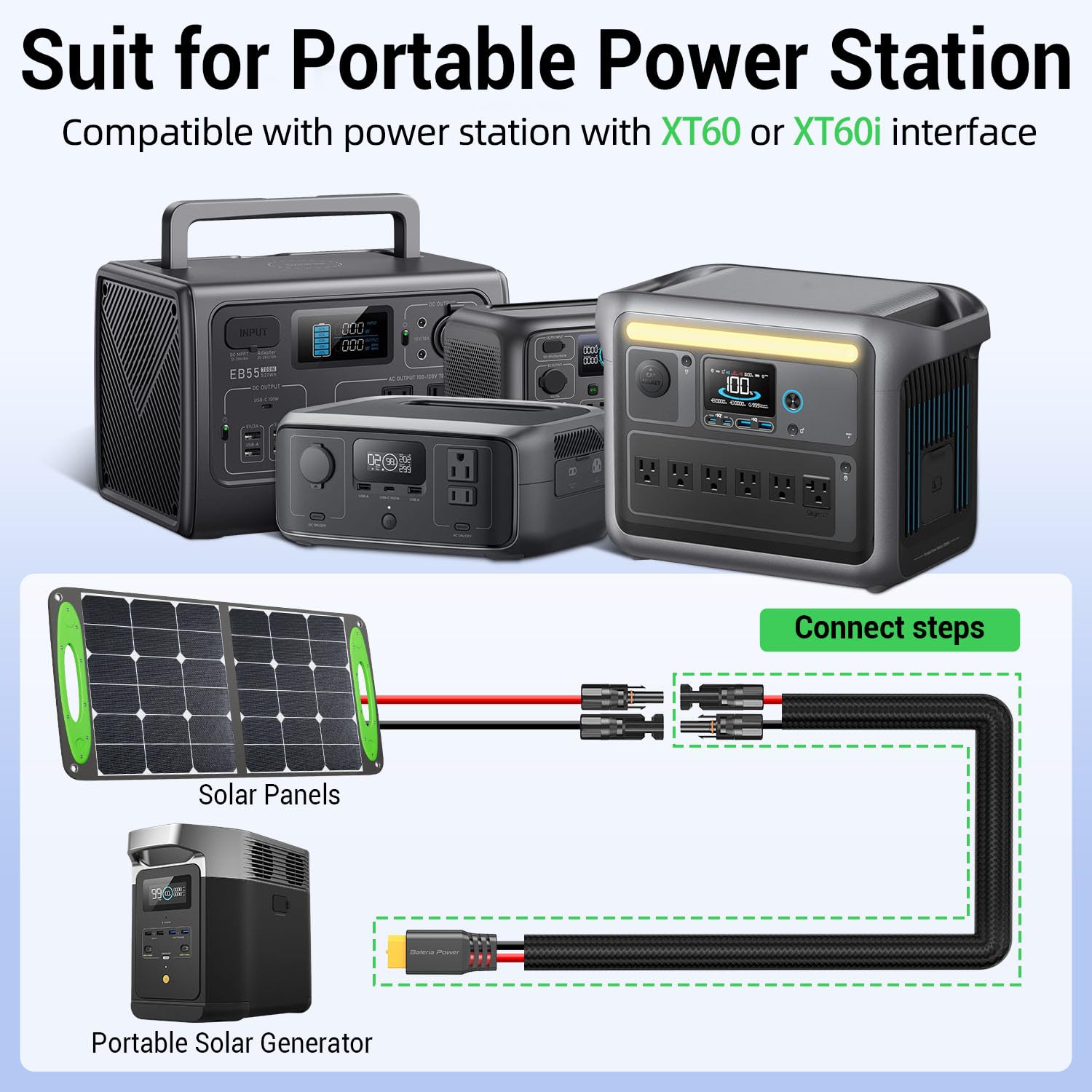 Bateria Power Cable de extensión de carga solar a XT60 con tapas de conectores solares, conector solar a XT60 cable adaptador para panel solar a batería, estación de energía RV generador solar (10 AWG