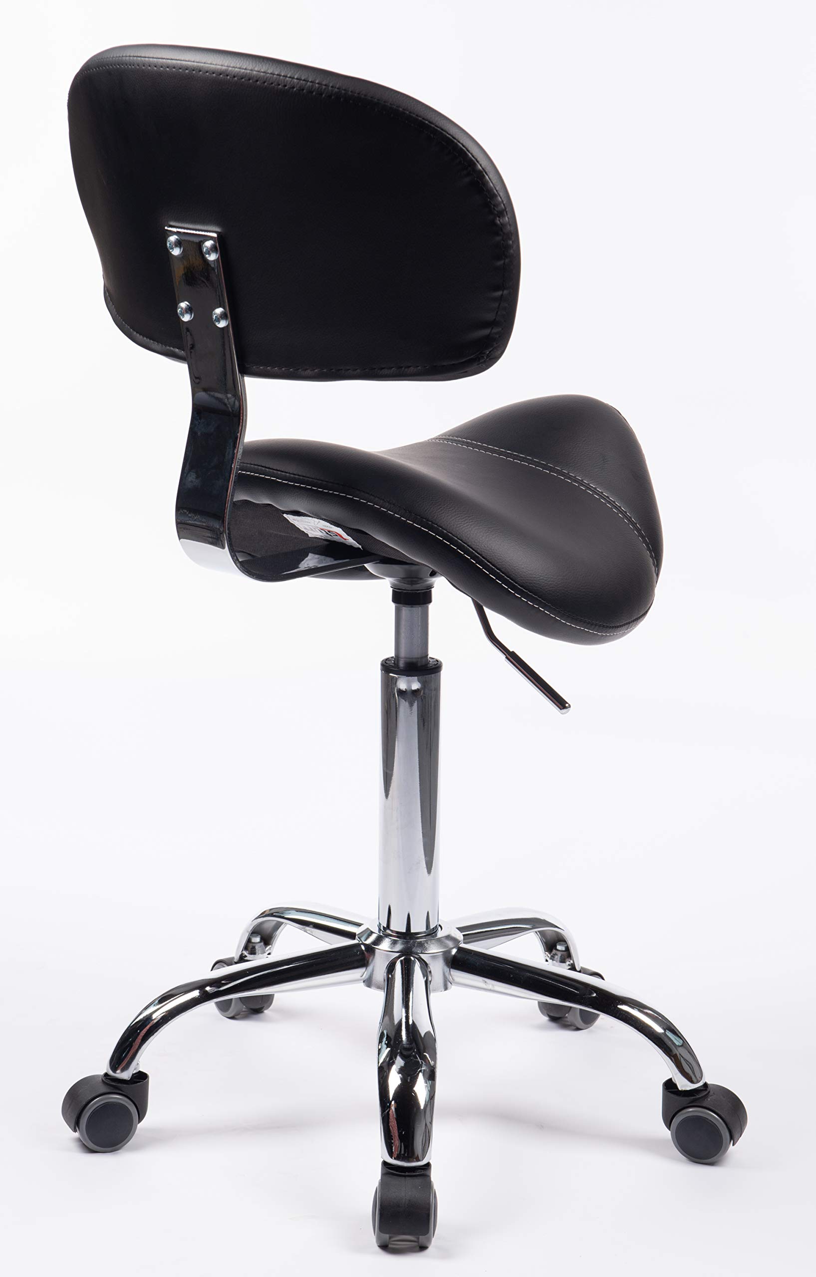 Sattelhocker MULY BIGBACK Sattelstuhl mit Lehne - Sitzhöhe bis ca. 74cm - ergonomischer Rollhocker Arzthocker Arbeitshocker Praxishocker Drehhocker (Lederimitat schwarz)