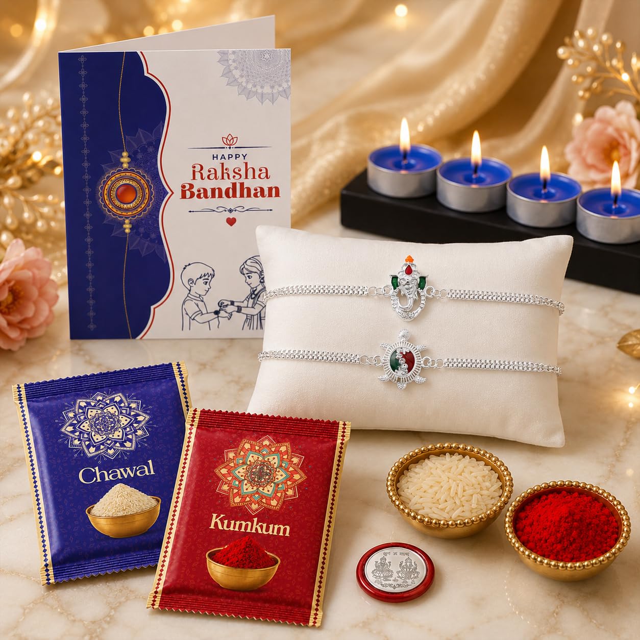 Oblivion Tea Light Candle Set of 4 for Brother – Rakhi for Brother Set of 1, Silver Color Coin & Greeting Card, Gift for Bhai, Bhabhi & Kids, Traditional Raksha Bandhan Celebration Combo Kit 2025-image-16