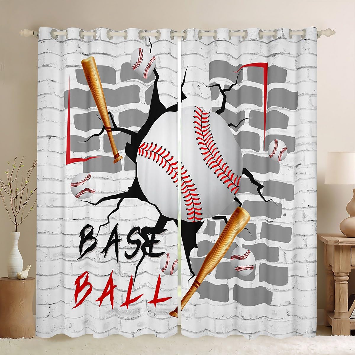 Baseball Sports Kids Window Curtains,Baseball Bat Ball Games Sports Window Drapes for Boys Man,Brick Wall Geometric Abstract White Grey Window Treatments Grommet Top 2 Panel Set,38Wx54L inch