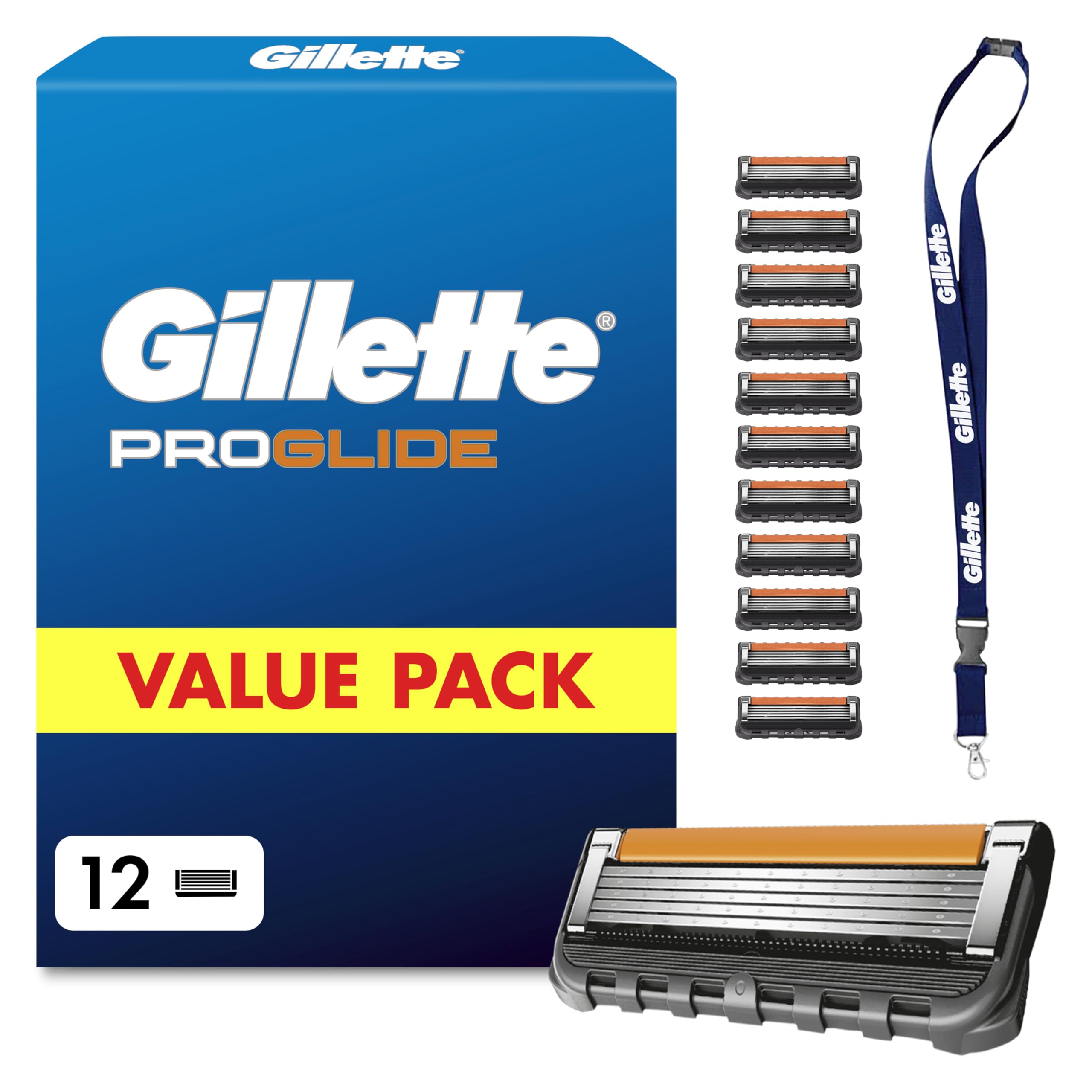 Gillette Proglide Rasierklingen, 12 Original Ersatzklingen für Herren — 2X Gleitstreifen vor und nach Den Klingen und Neuer Everglide Gleitstreifen für Unglaubliche Gründlichkeit und Komfort