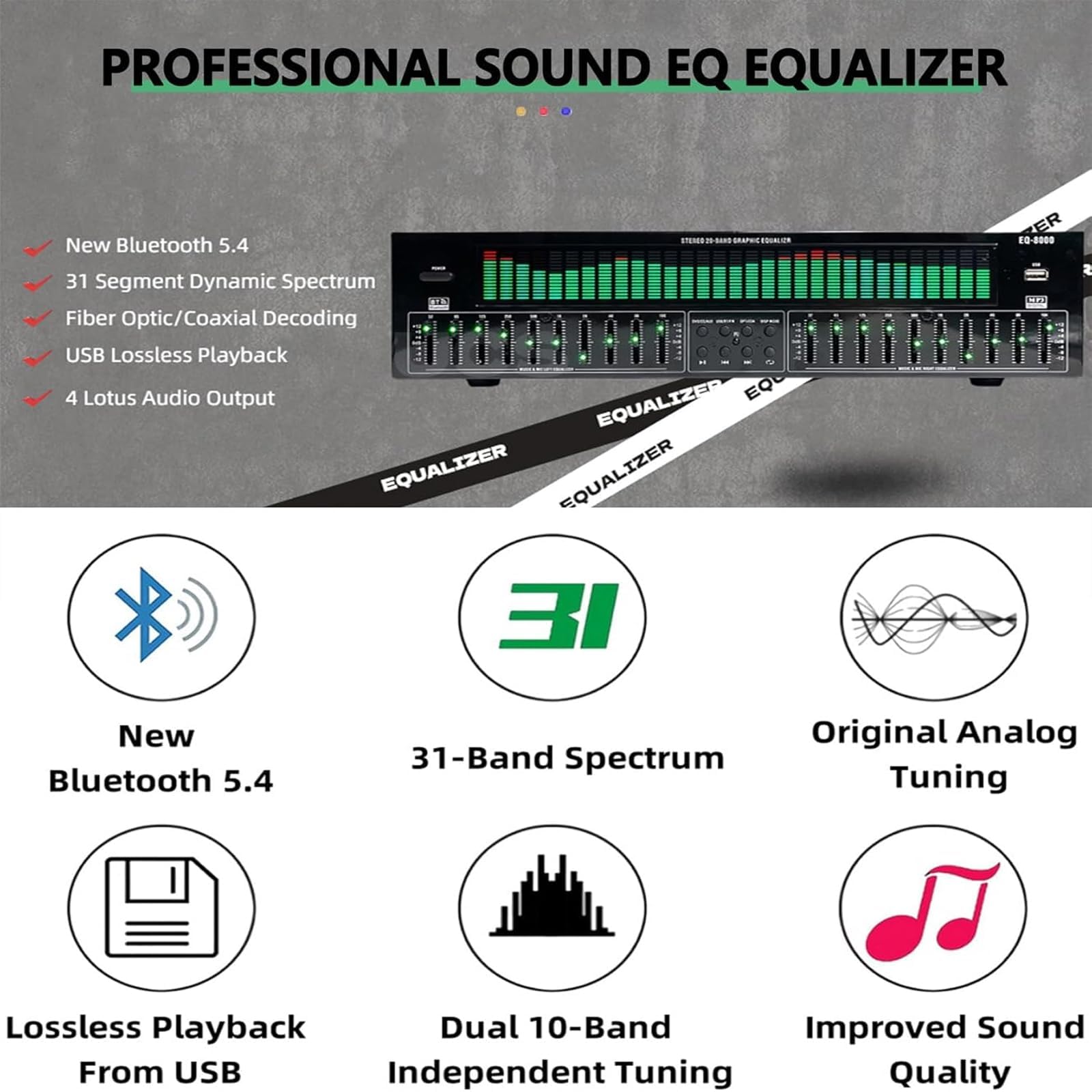COYEUX Equalizzatore Digitale a 31 Bande, Equalizzatore Grafico Stereo Digitale, 10 uscite con Effetti preimpostati, Supporto Funzione Bluetooth, per Auto, Feste, Camera da Letto, casa