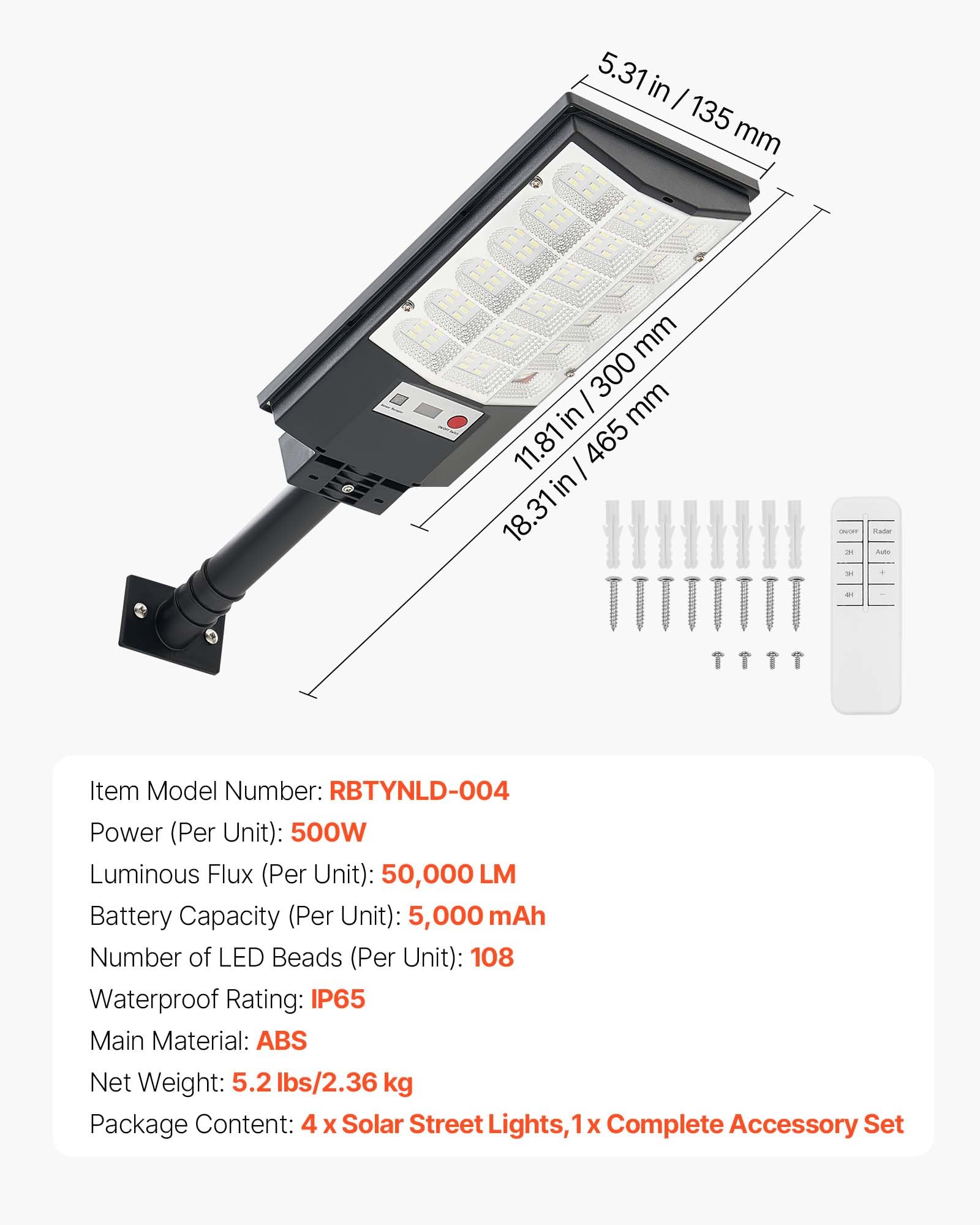 VEVOR Lampioni Solari 500 W per Esterno 50000 LM, Faretto Solare per Parcheggio Commerciale dal Tramonto all'Alba, Lampada di Sicurezza a LED con Sensore di Movimento, Illuminazione Esterna