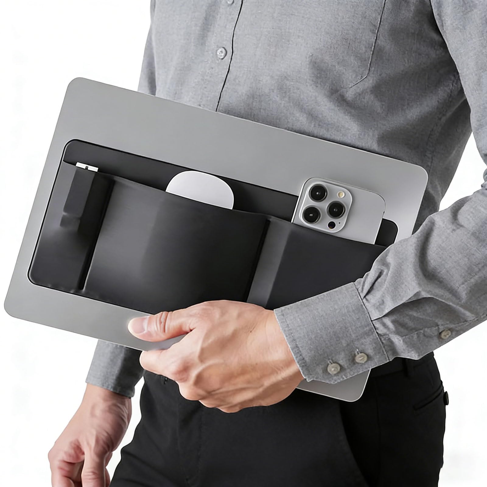 3-Pocket Organizer, Mouse Holder for Laptop Stick on – External Hard Drive Sleeve for MacBook, SSD Holder for Laptop Stick on Pouch Organizer Adhesive Pocket Storage Sleeve -Black
