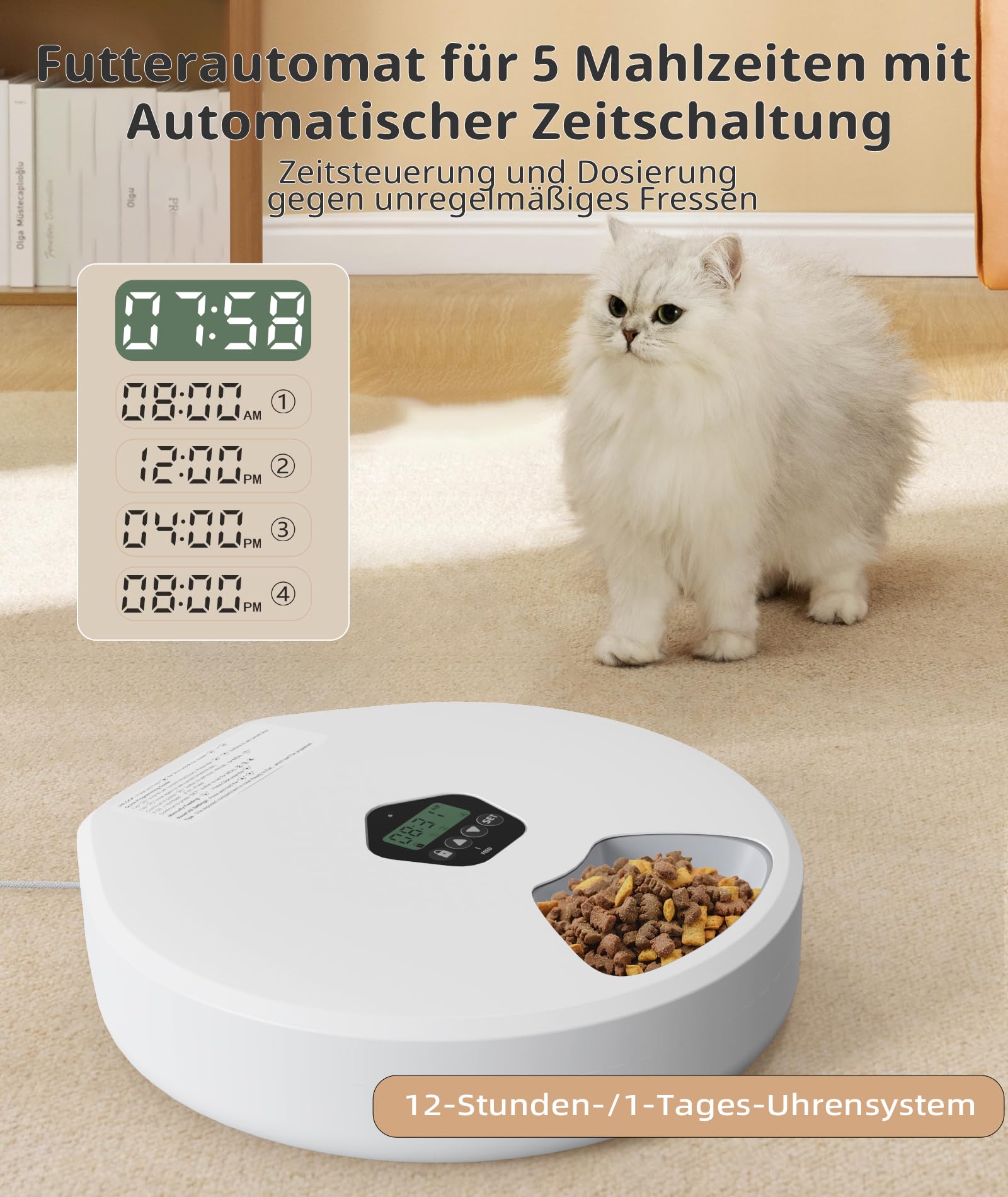 Comedero inteligente para gatos y perros – Dispensador temporizador de 5 comidas, apto para comida húmeda y seca, 2 cubos de hielo para mantener frescos, color blanco