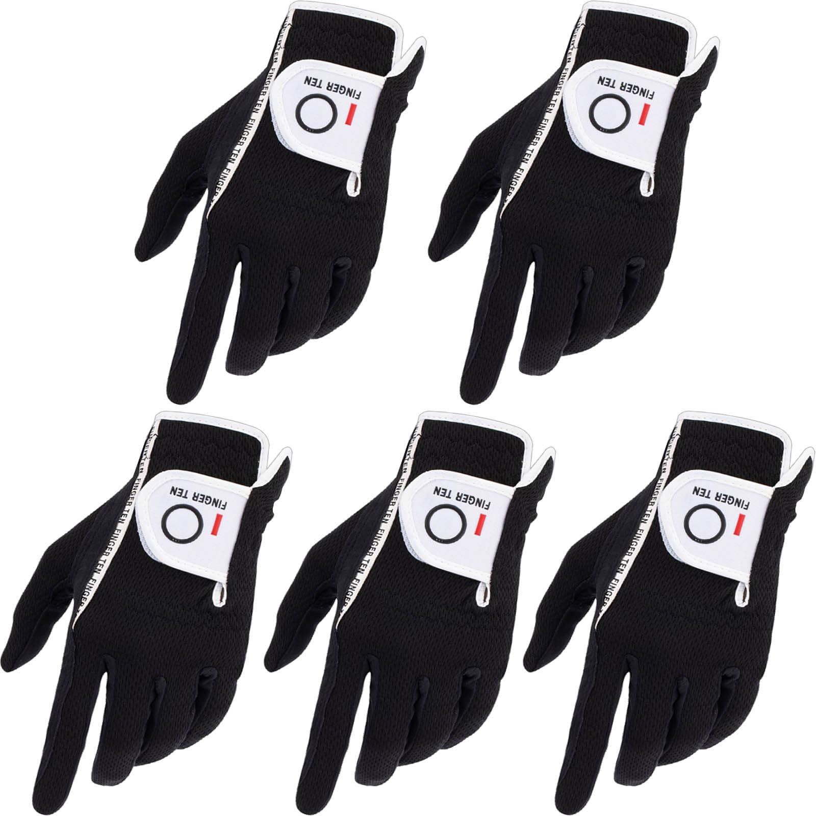 FINGER TEN Golf Gloves Men Left Hand Right Rain Grip Weathersof Value 5 Pack,Mens Golf Glove Wear Resistant Non Slip All Weather Soft Durable (Black, Large, Left)
