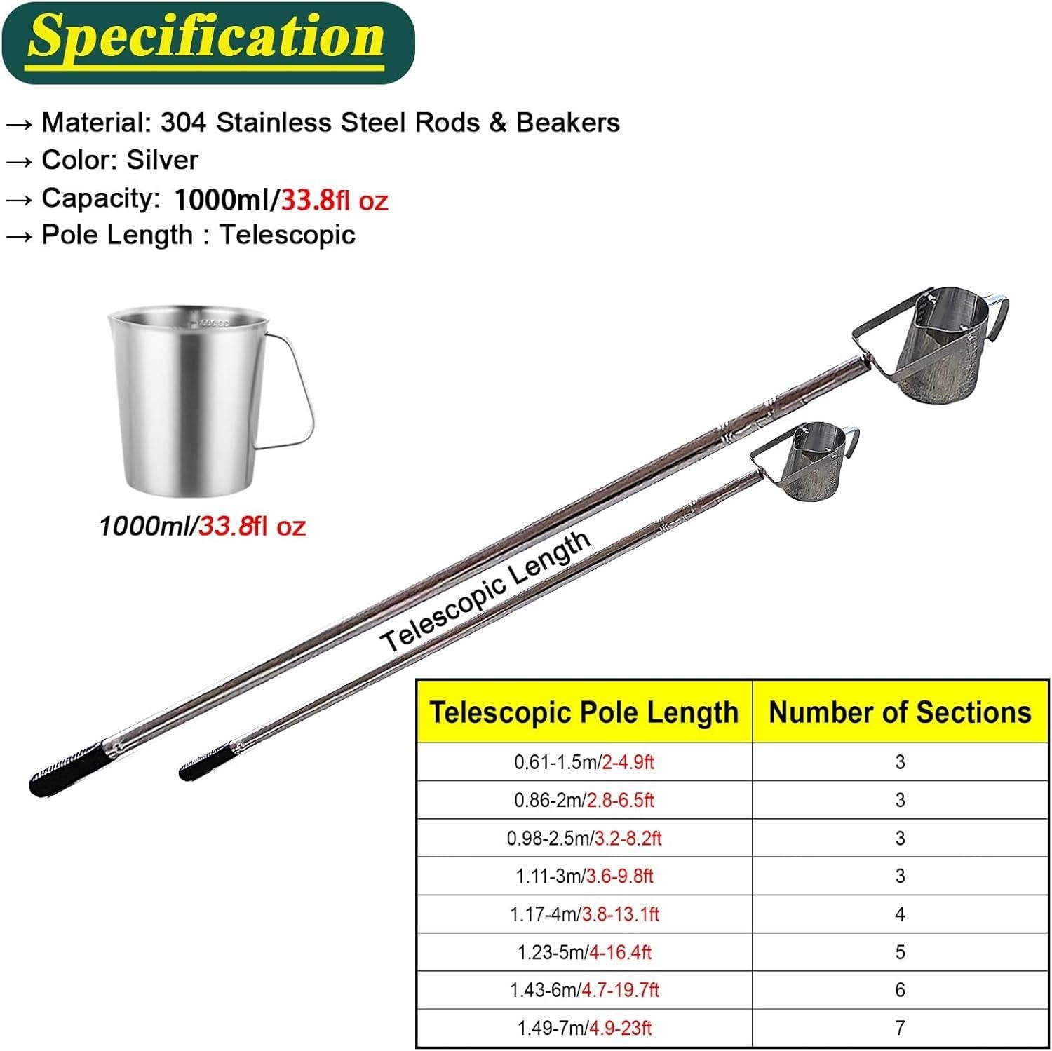 Campionatore telescopico per acqua, 5 m, regolabile, retrattile, con segni graduati per campionamento in profondità, ideale per test ambientali e analisi della qualità dell'acqua