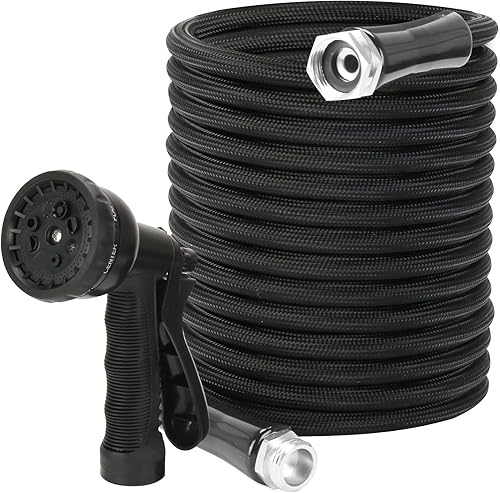 Manguera de jardín de 50 pies, manguera de agua no expandible, manguera de jardín ligera y duradera con boquilla de pulverización de 8 patrones,
