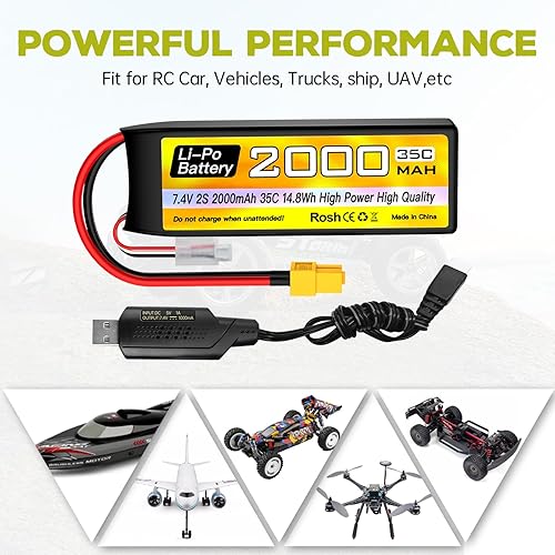 Miniatura 2 de sea jump 2S Lipo Batería 7.4V 2000mAh 35C con enchufe XT60 y cable de carga USB adecuado para coche RC, camión, barco RC, avión cuadricóptero,
