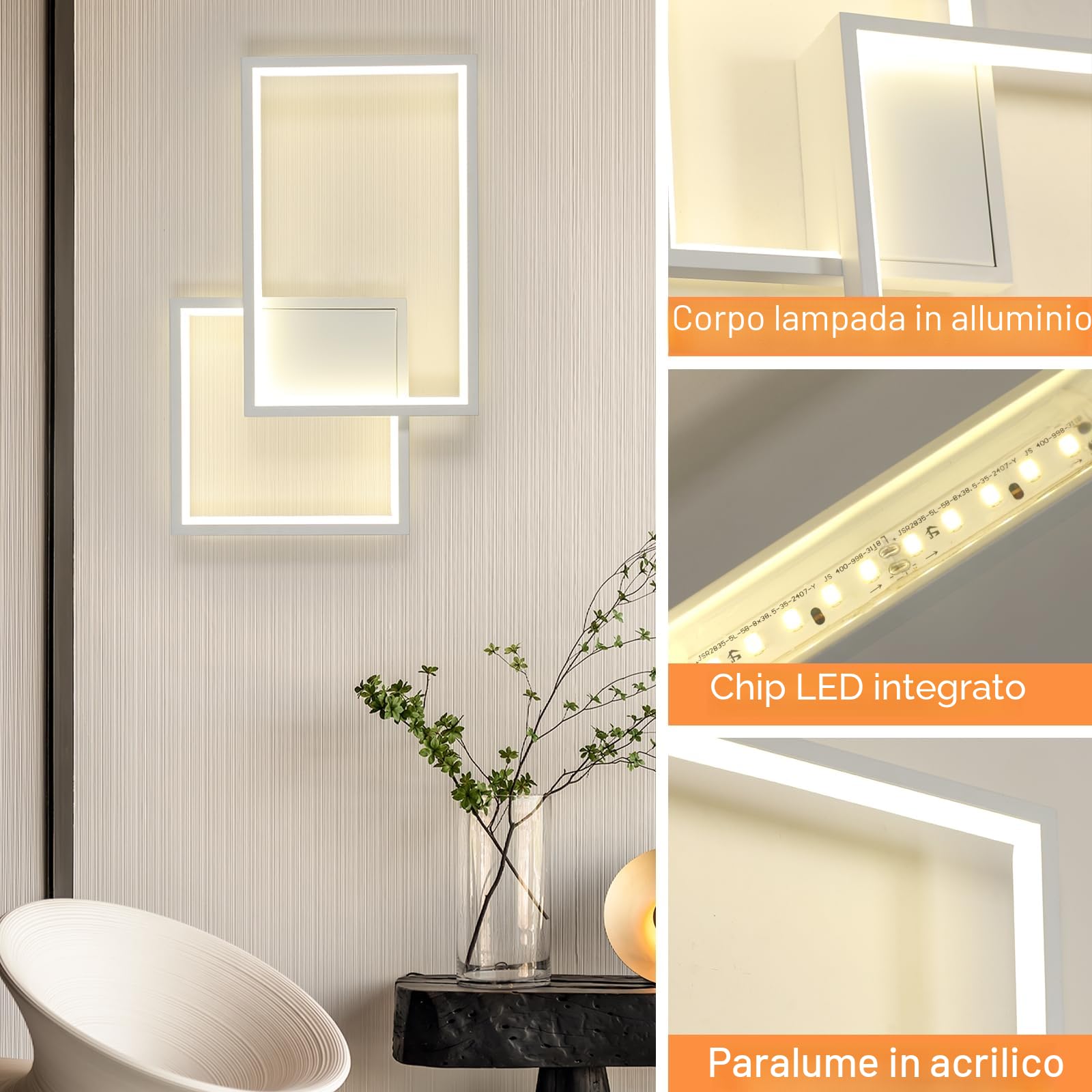 34W LED Applique da Parete Interno 41CM Lampada da Parete 4500K | 34W 3825LM Moderno Bianco Lampada a Muro in Alluminio per Camera da Letto Soggiorno Scale Corridoio, Luce Neutra 4500K