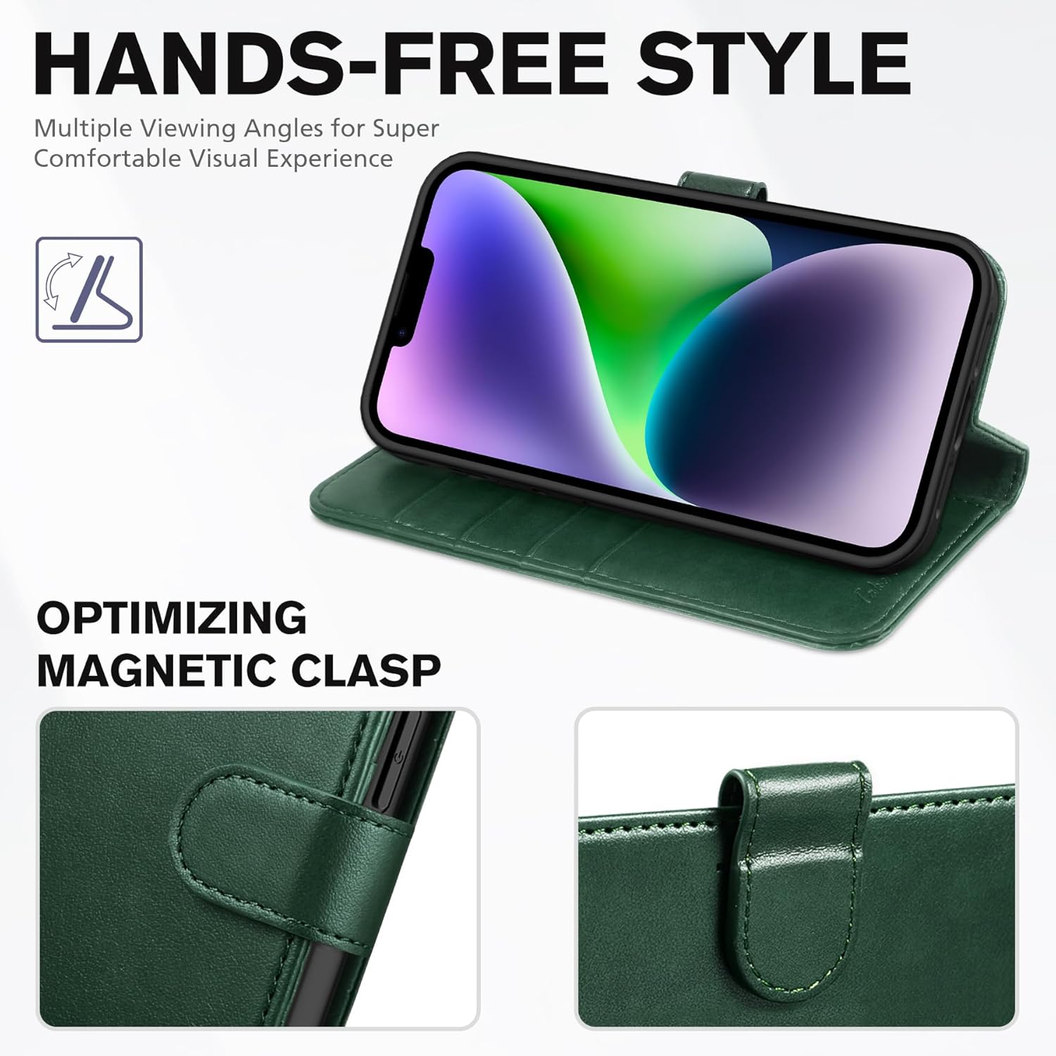 TUCCH Case Wallet for iPhone 14 6.1", Protective [TPU Shockproof Inner Shell], PU Leather [RFID Blocking] [4 Card Holder] Magnetic Stand Cover Compatible with iPhone 14 6.1" 2022, Midnight Green - Image 4