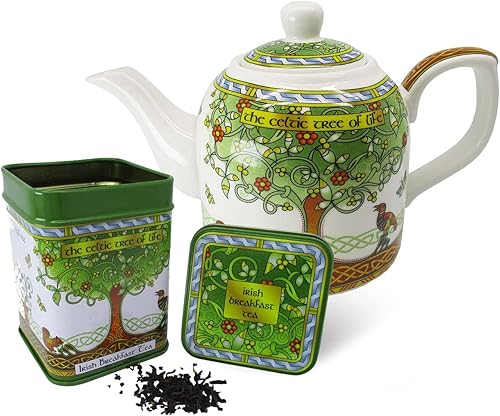 Royal Tara Juego de 1 té de hojas sueltas Irish Breakfast, té de mezcla negra en lata reutilizable y 1 1 tetera de porcelana, tetera irlandesa,