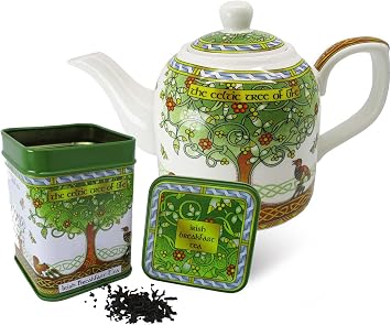 Royal Tara Set of 1 Irish Breakfast Loose Leaf Tea - Black Blend Tea in Reusable Tin and 1 1 Teapot Porcelain - Irish Tea Pot Celtic Tree of Life Tea Kettle Packed in Irish Weave Box