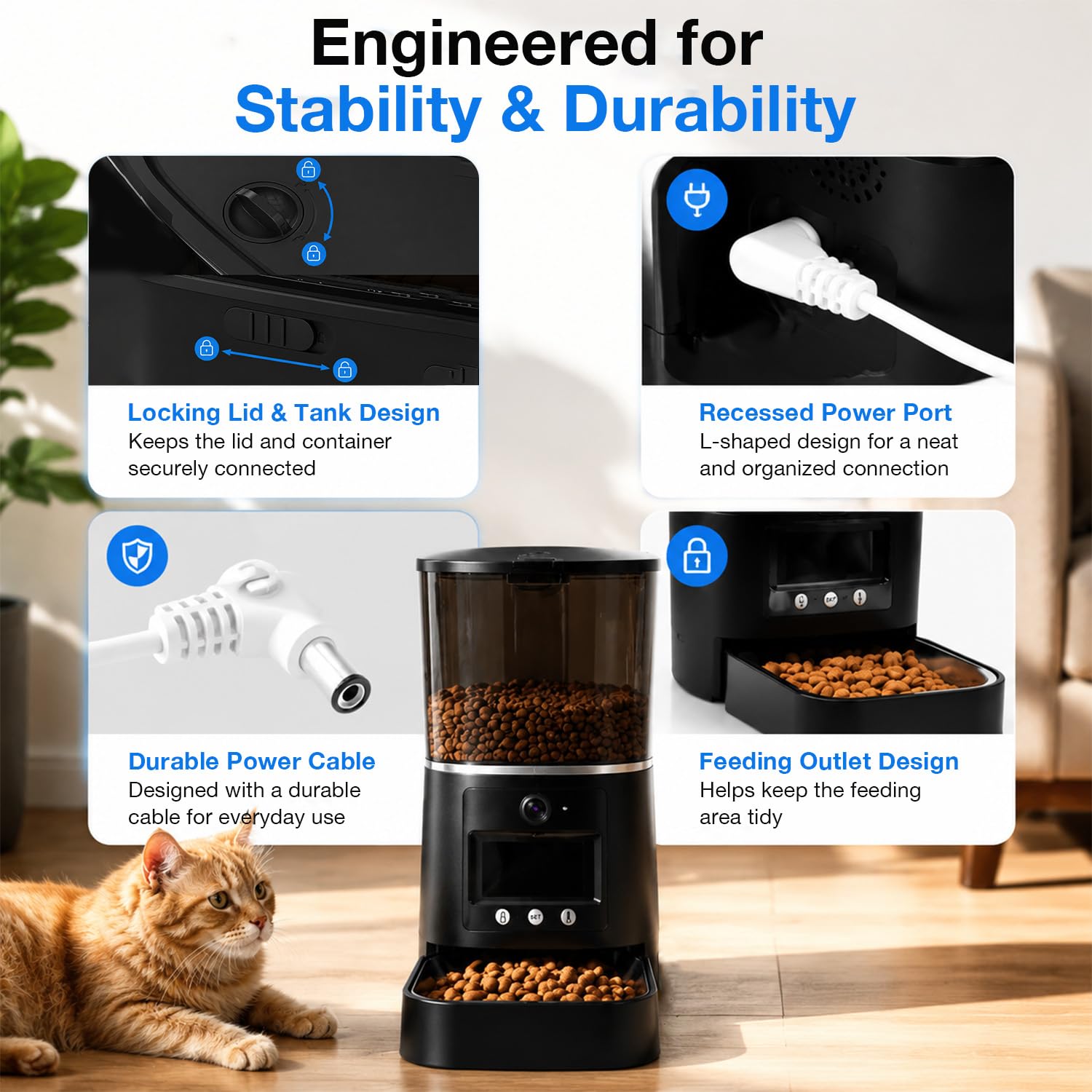 Distributore Automatico per Gatti con Telecamera 5L WiFi e App (Nero） | Videochiamata bidirezionale, audio a due vie, acquisizione AI, pasti programmati e visione notturna per cani e gatti