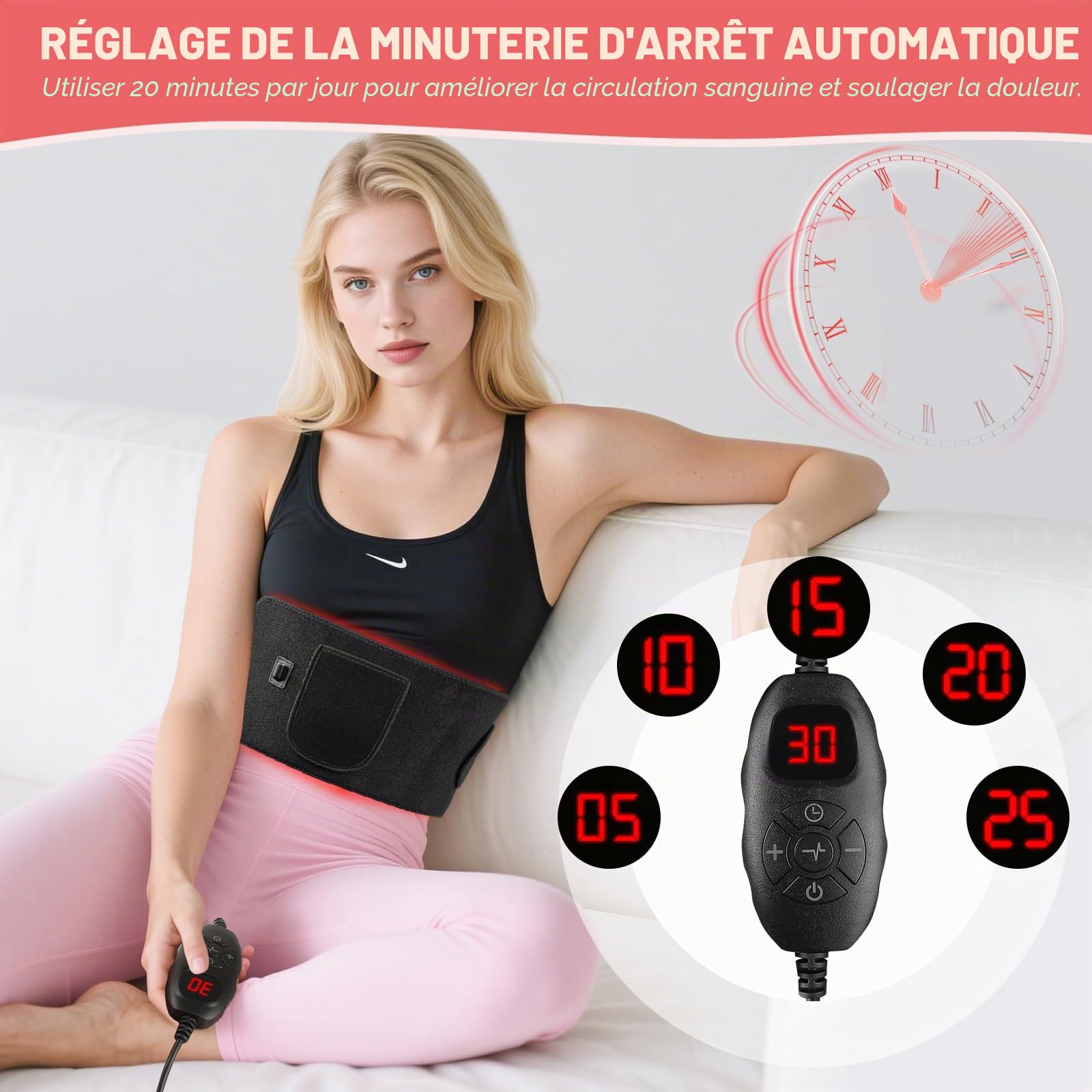 Ceinture à lumière rouge, 140 LED, lumière rouge 660 nm et lumière proche infrarouge 850 nm avec 6 réglages de temps, 5 niveaux de massage, 2 modes d'éclairage pour jambes, dos, taille
