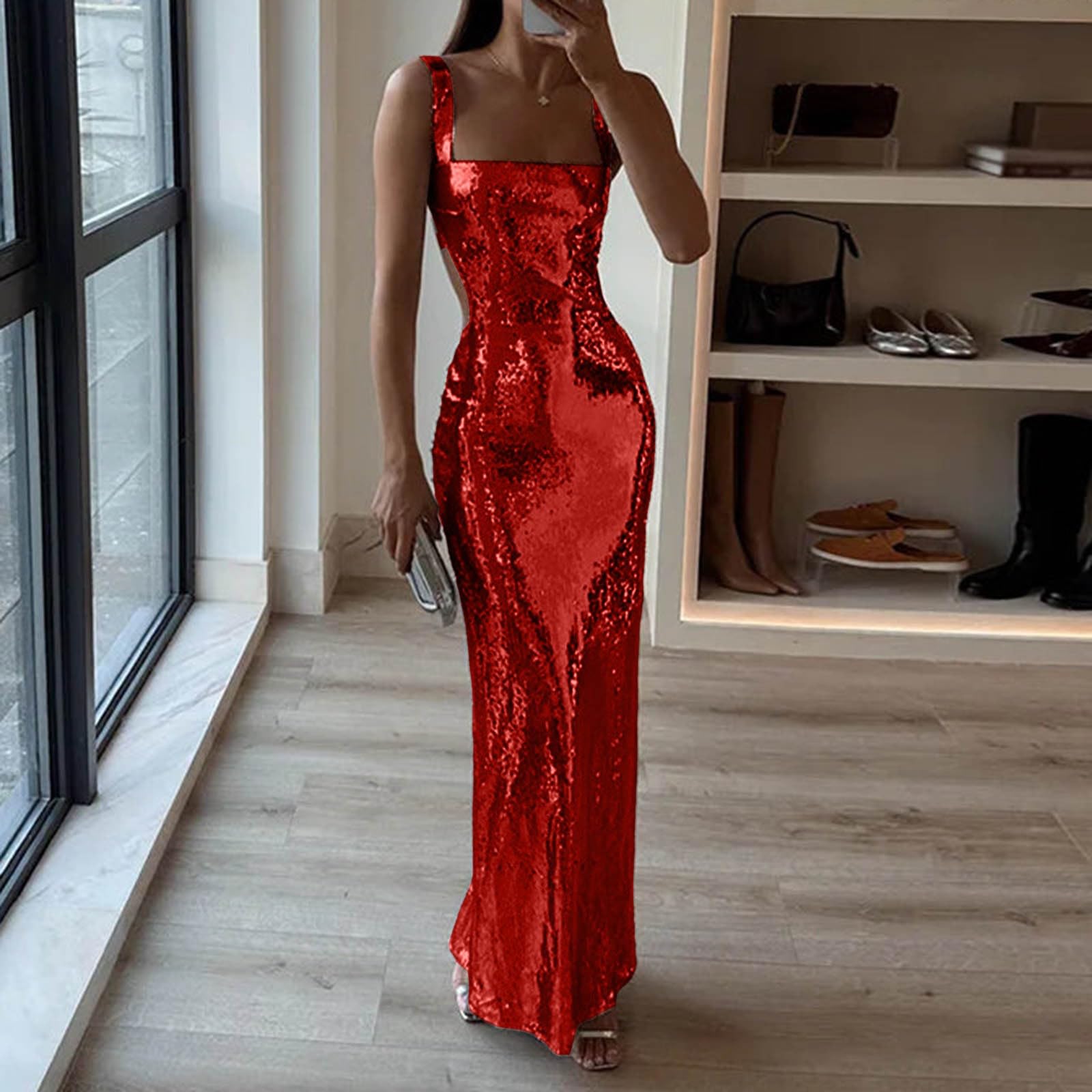 Vestido Largo de Noche Elegante para Mujer con Detalles de Lentejuelas y Diseño Ajustado sin Mangas para Ocasiones y Eventos Formales