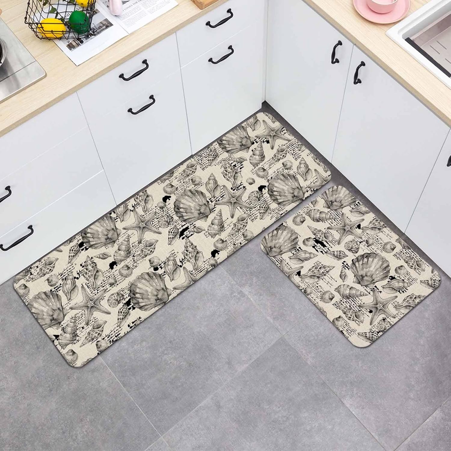 Coastal Seashell Kitchen Mat Set 2 Pieces Summer Nautical Gray Shell Starfish Beige Hampton Style Non Slip Kitchen Rugs Washable Runner Rug Mats for Floor Sink Laundry Office 19.7" x 31.5"+19.7" x 63"